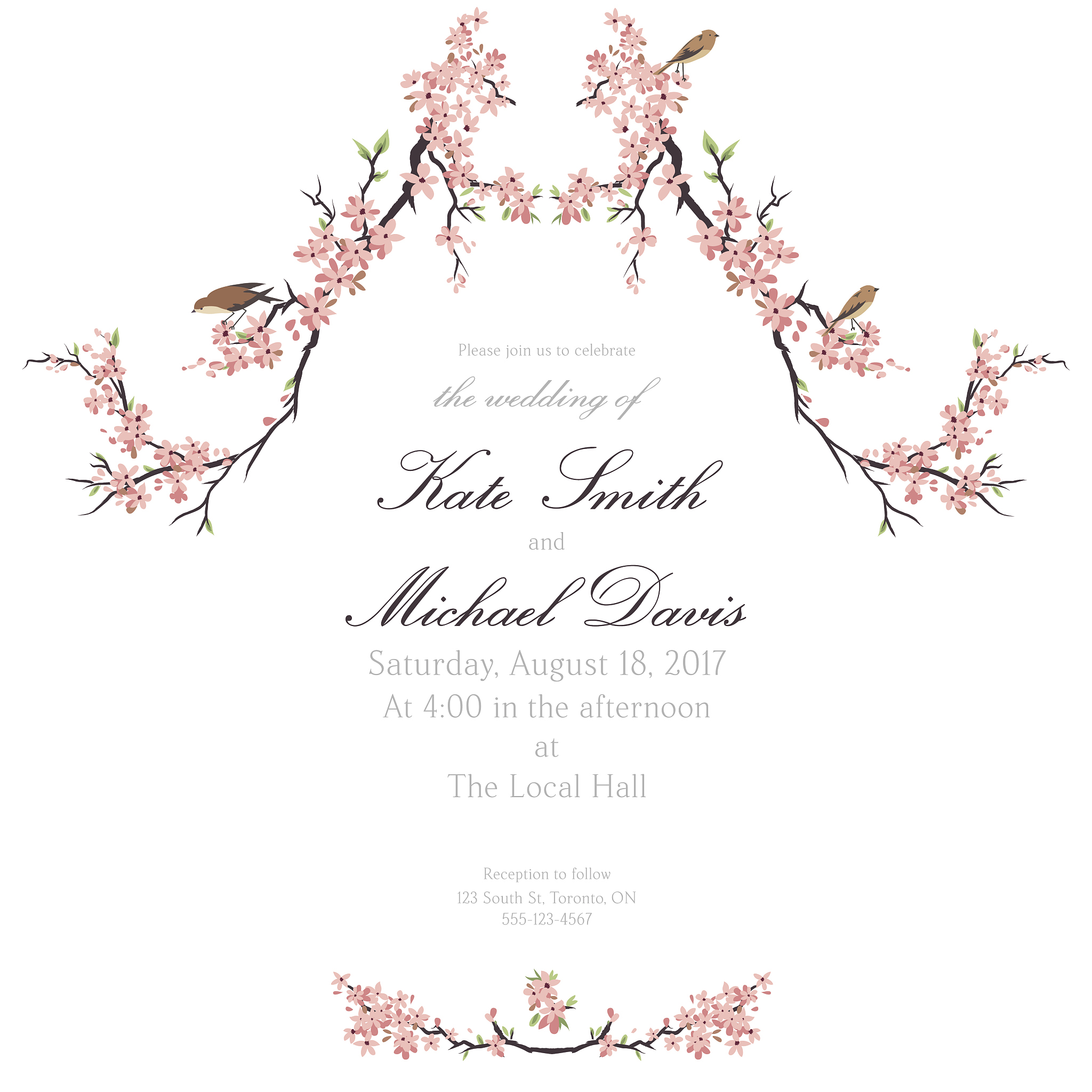 cherry blossoms and tiny birds invitation template