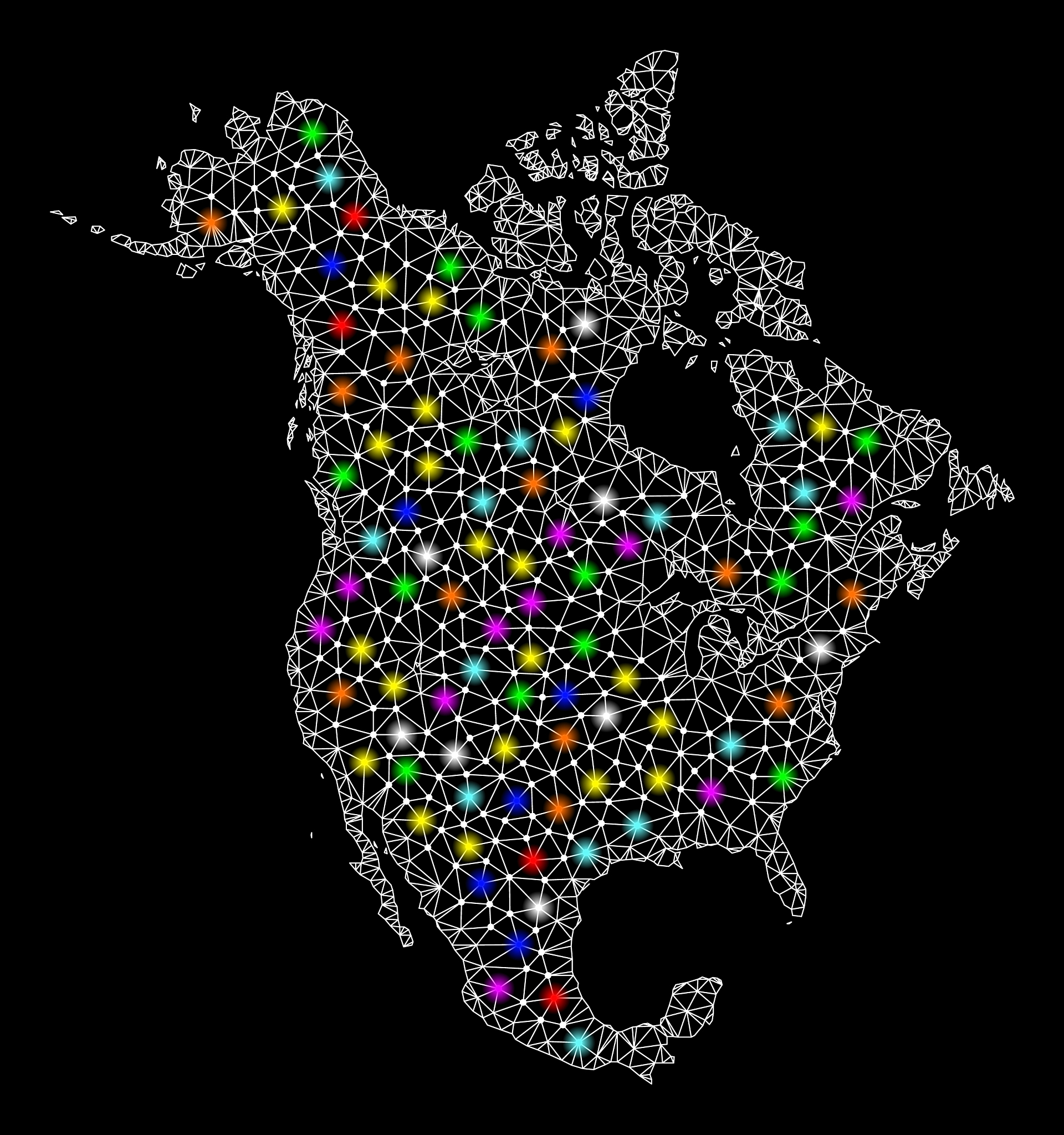 mesh network map of north america with bright