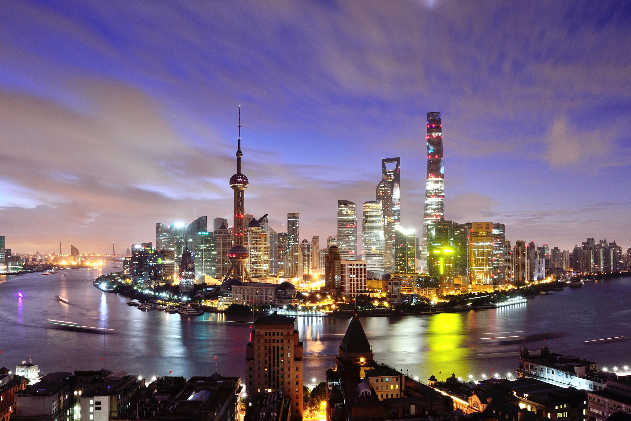 shanghai skyline panoramic at dawn