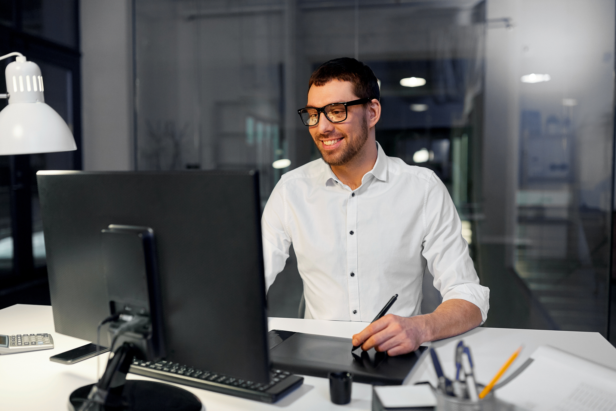 business, graphic design and technology concept - designer or bu