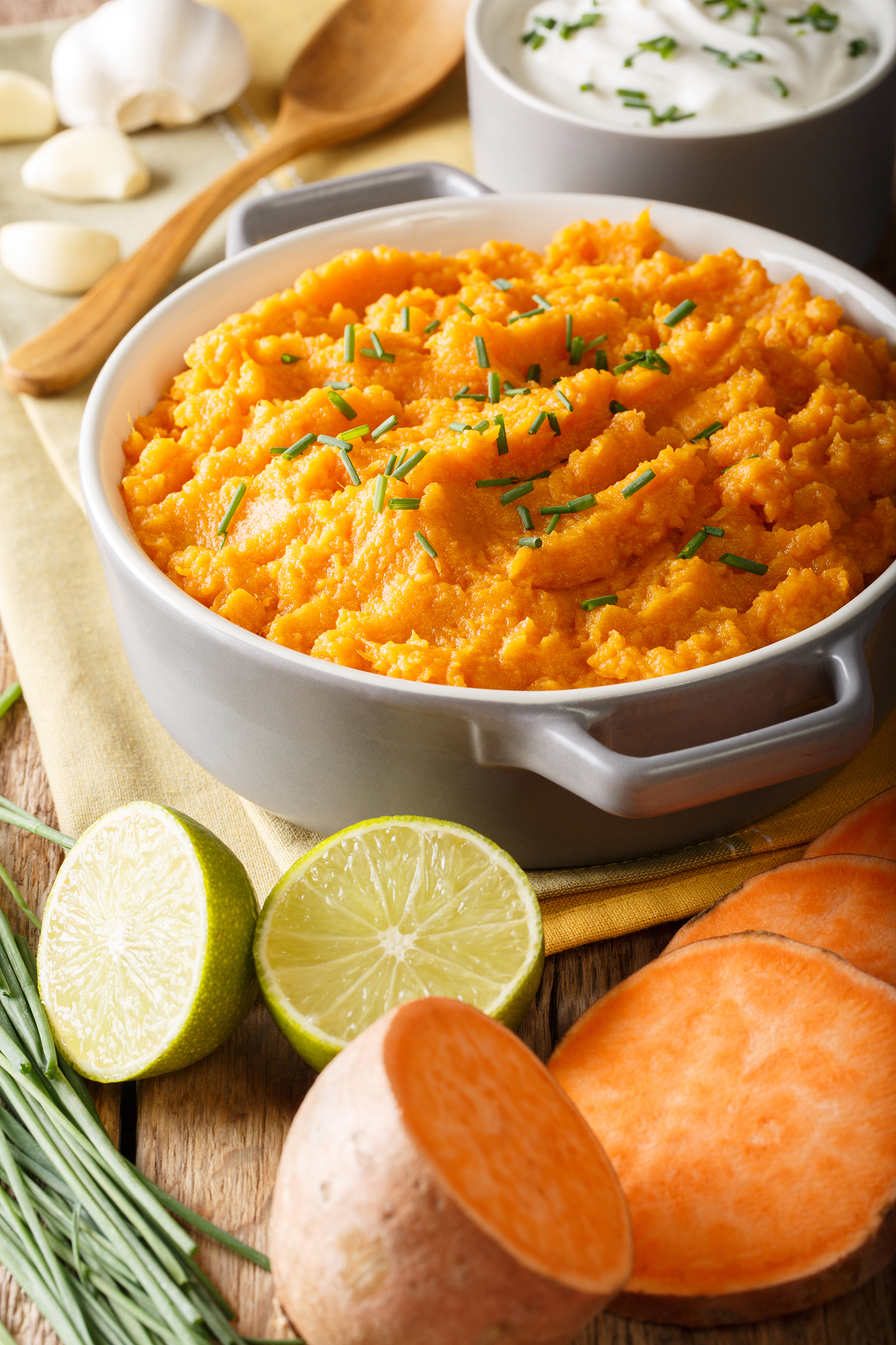 delicious puree of sweet potato with garlic and onion close-up i