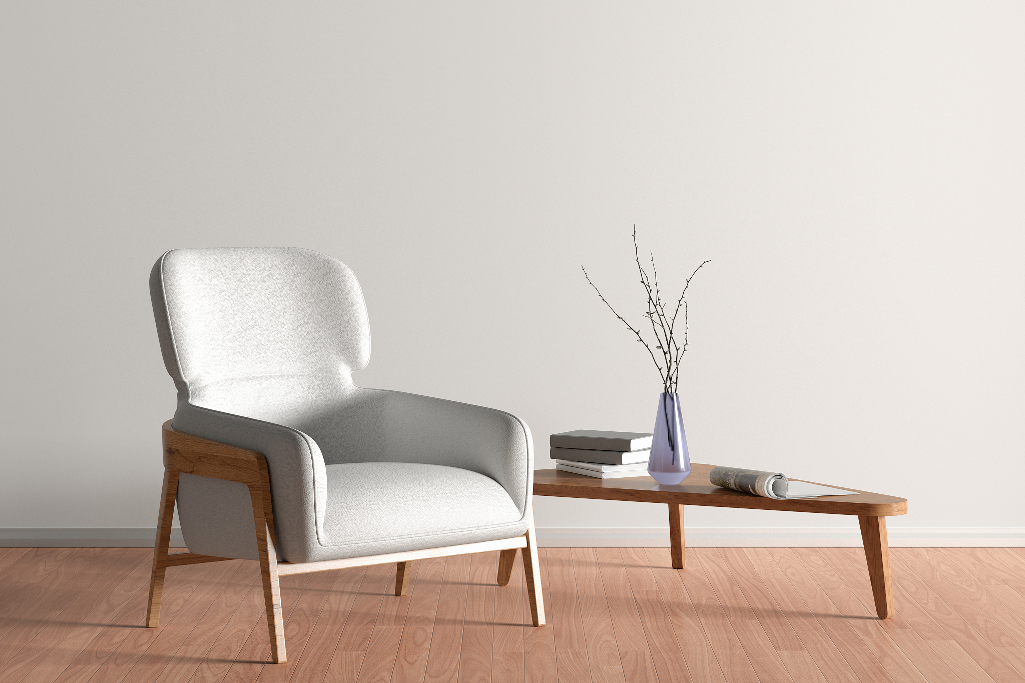 interior of living room with white leather armchair and wooden t
