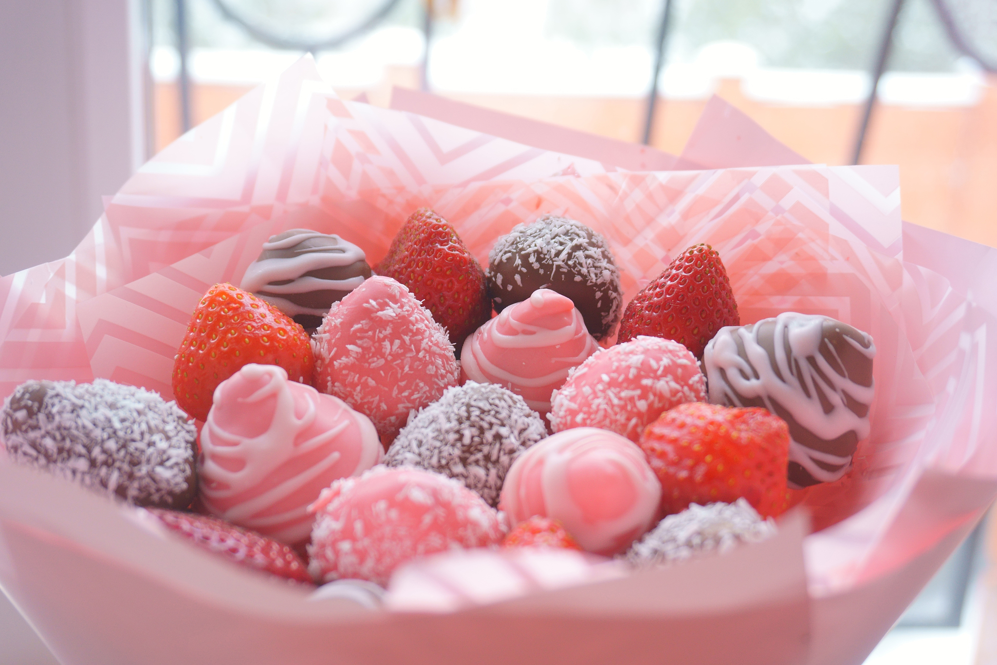 bouquet of strawberries, candy, chocolate