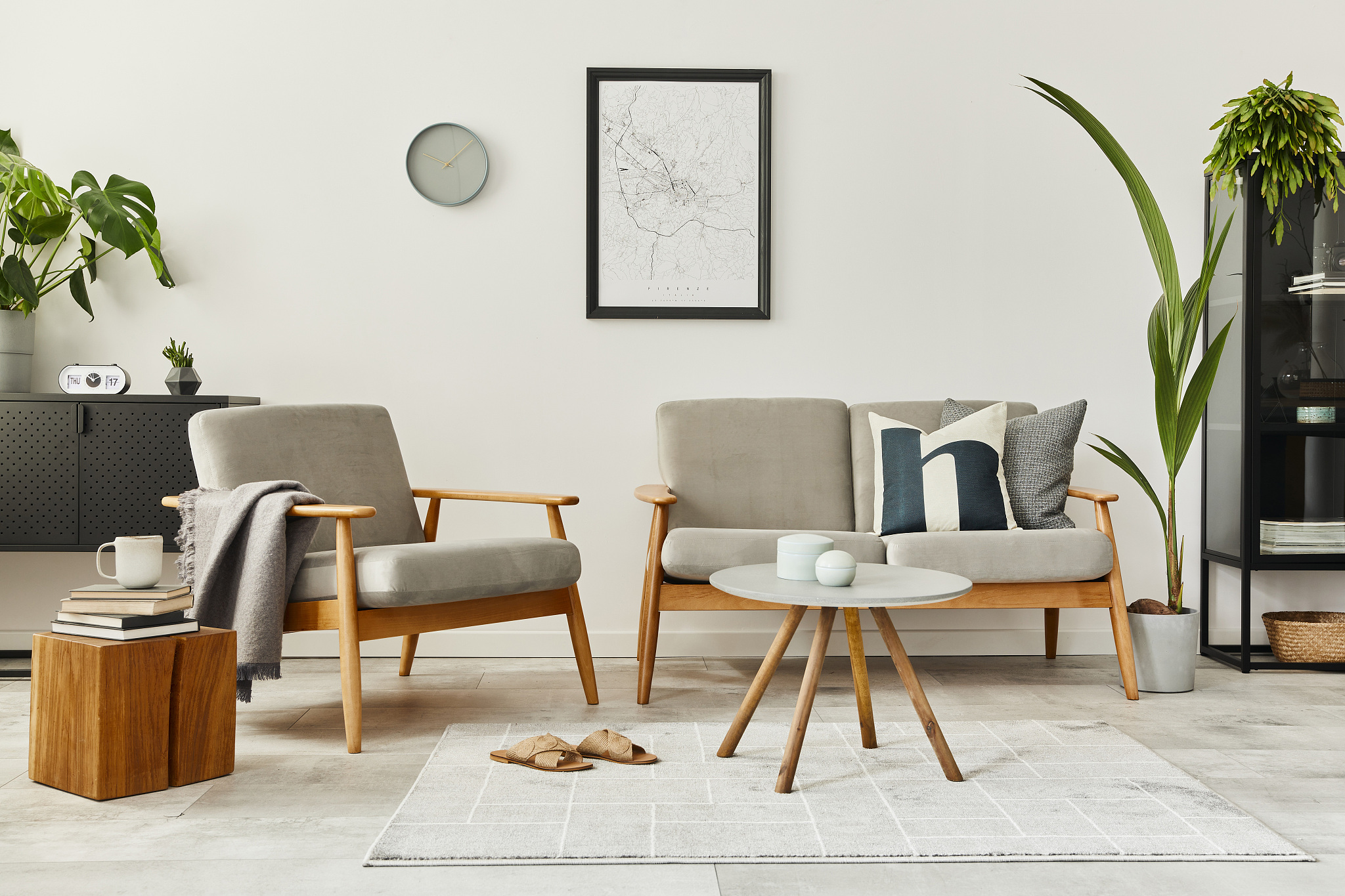 modern retro concept of home interior with design sofa, armchair