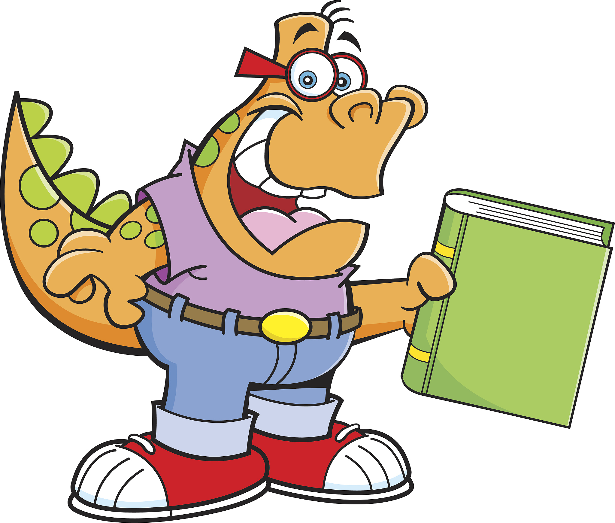 cartoon dinosaur holding a book.
