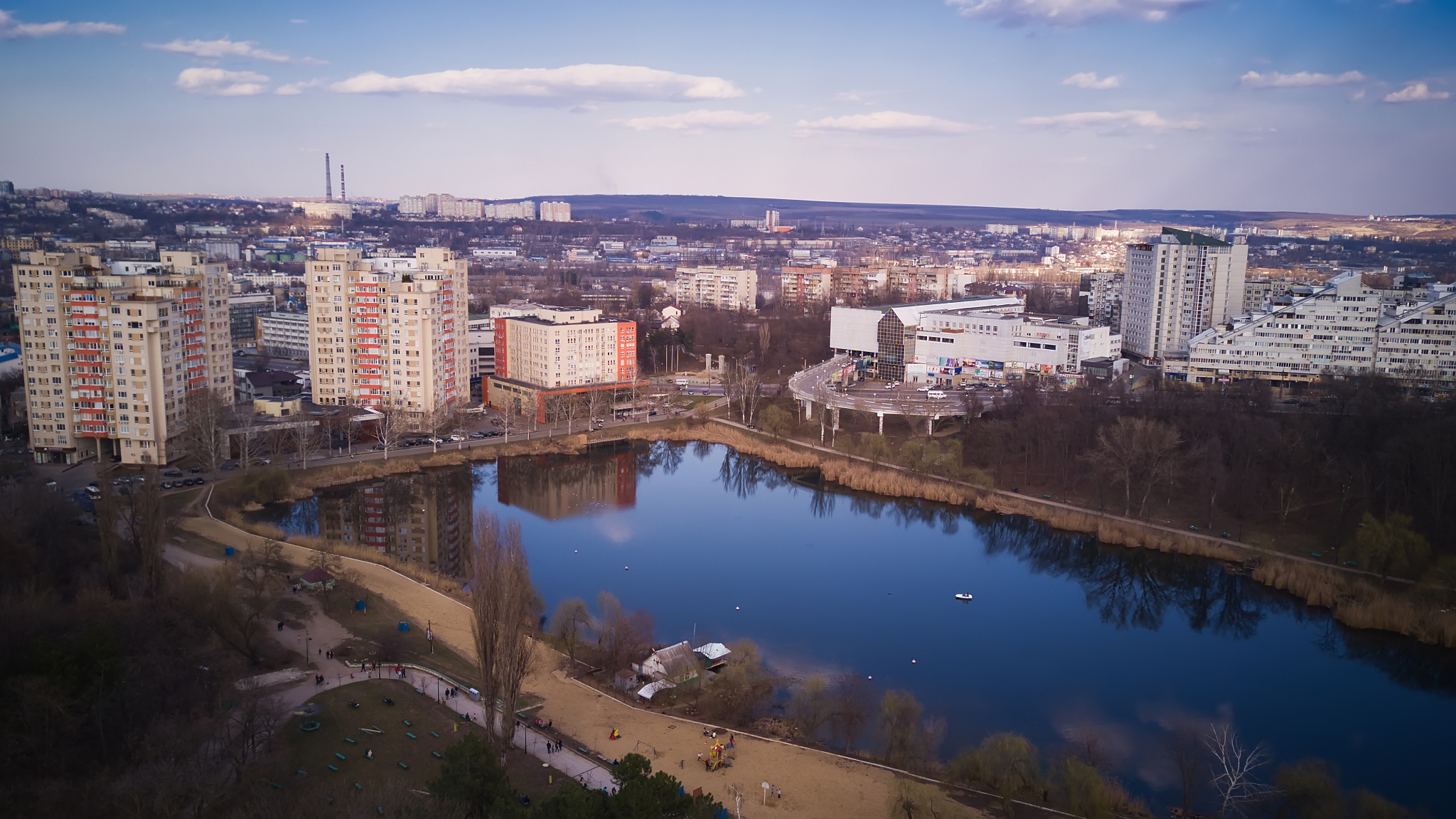 aerial view of drone flying over city