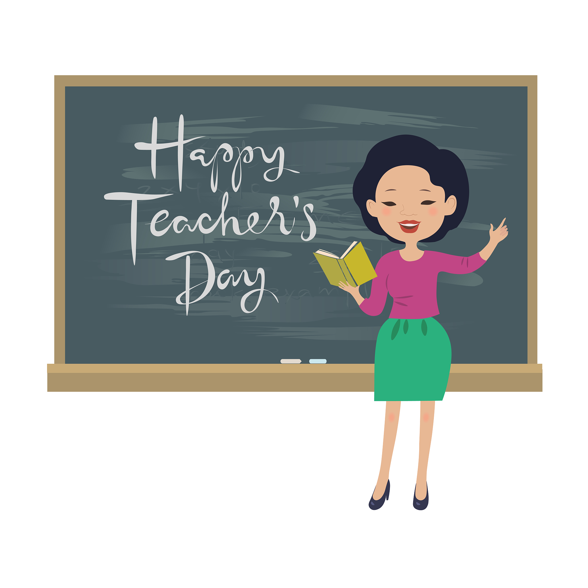 teachers day greeting card. asian teacher at the chalkboard