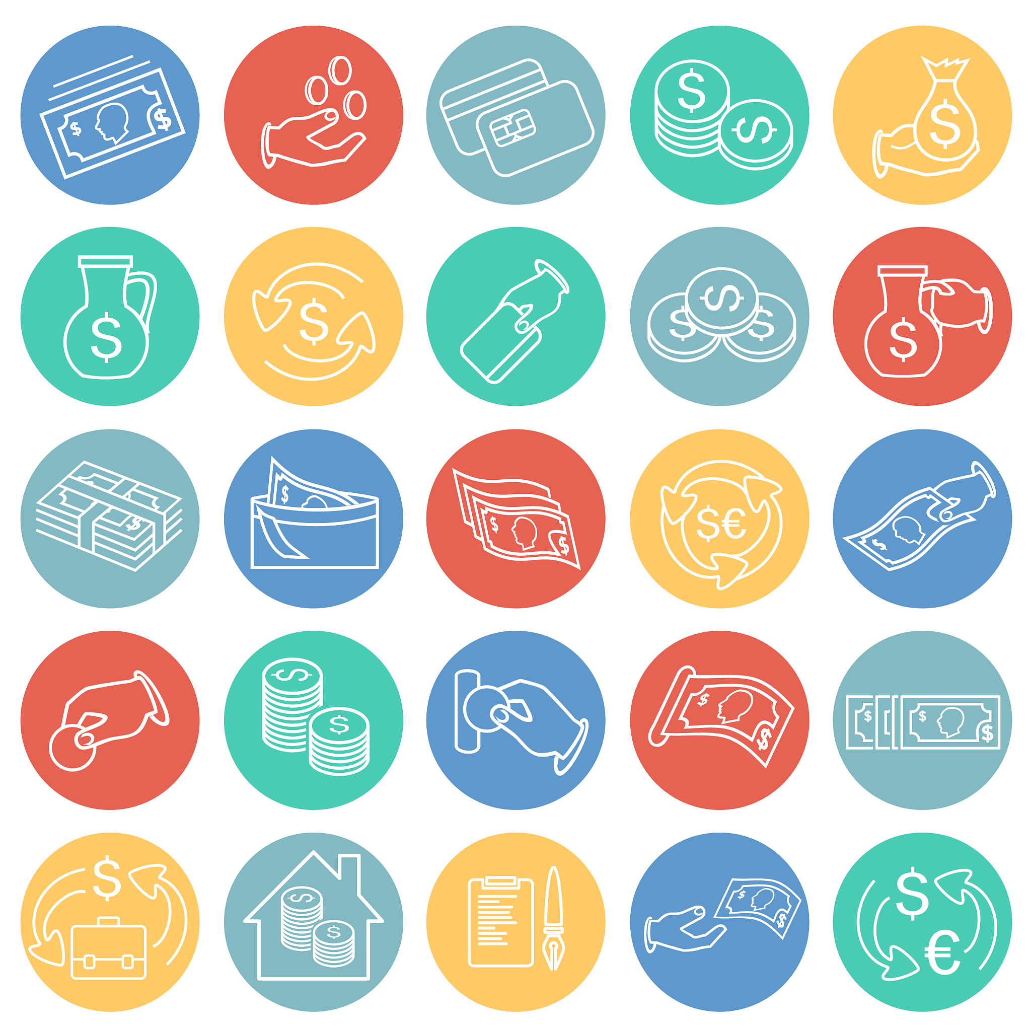 money and finance thin line set on color circles