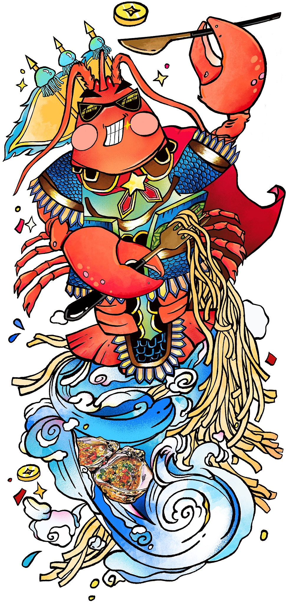 餐饮业门神 吉祥物年画 欢迎光临 龙虾海鲜 长条白色背景