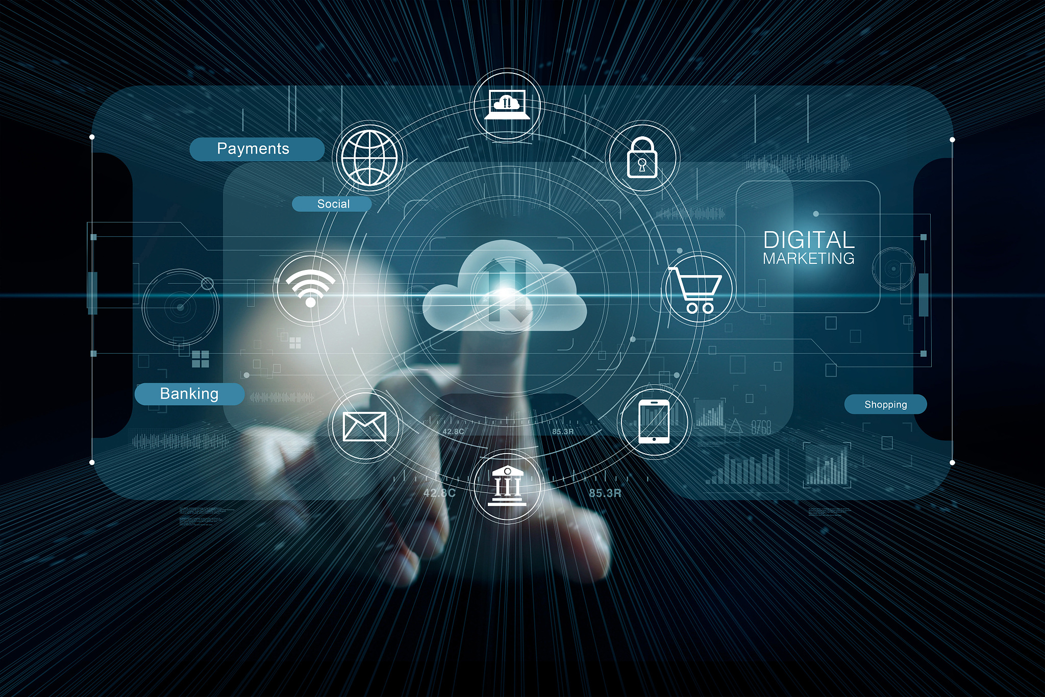 hand touching cloud computing. digital marketing channel and ico