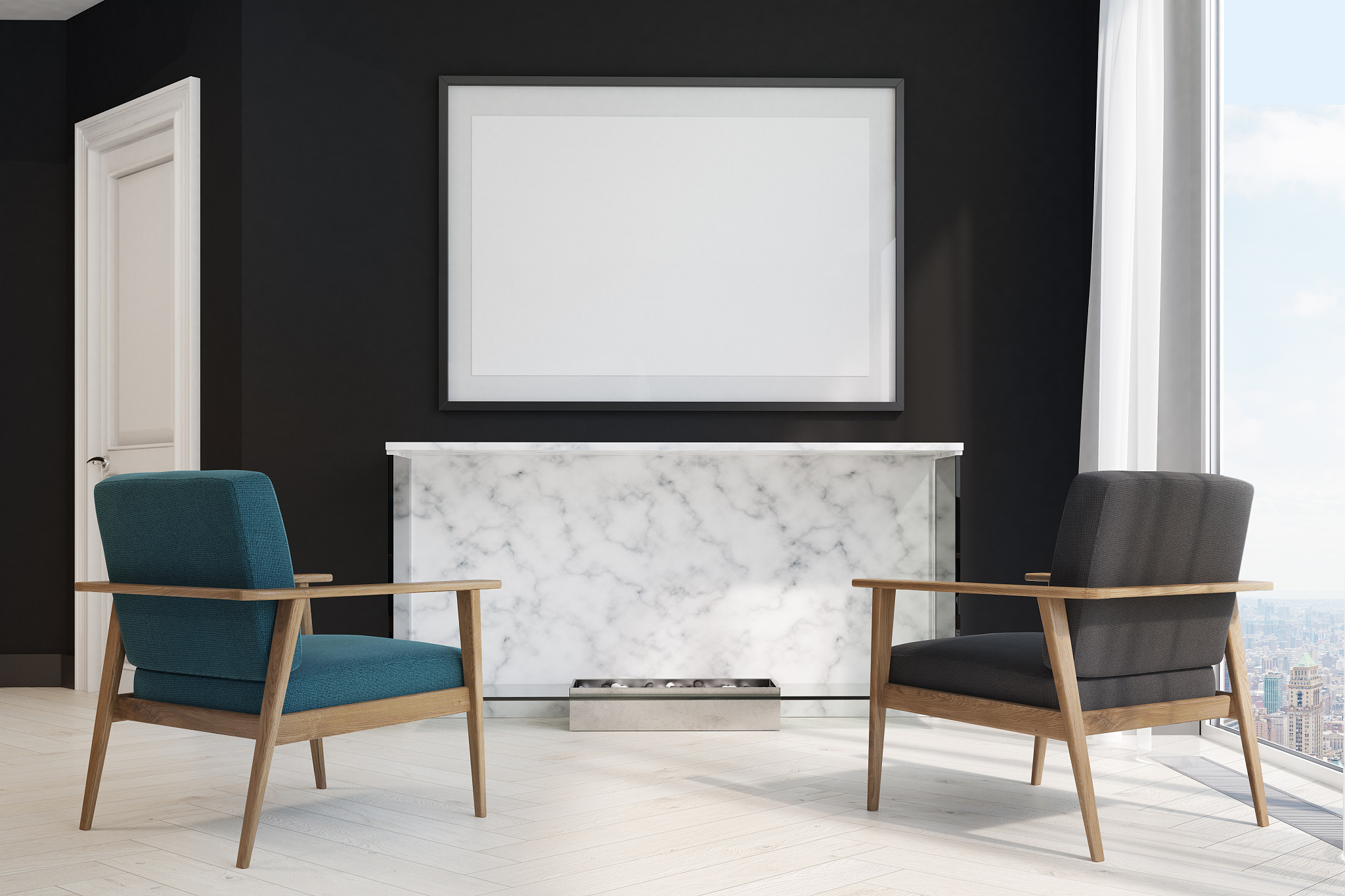 black living room, blue and black armchairs