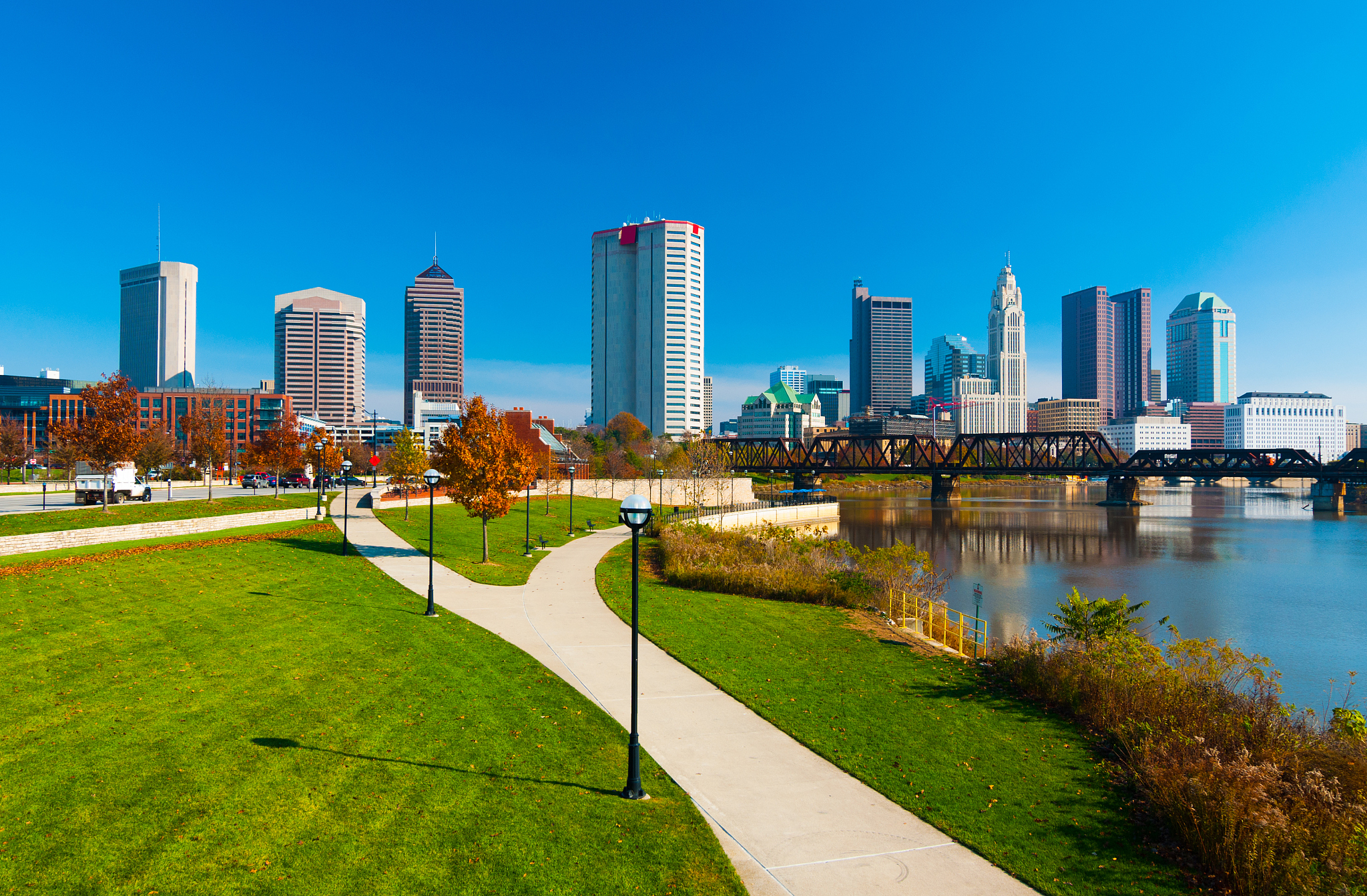 columbus skyline, riverfront park, and river