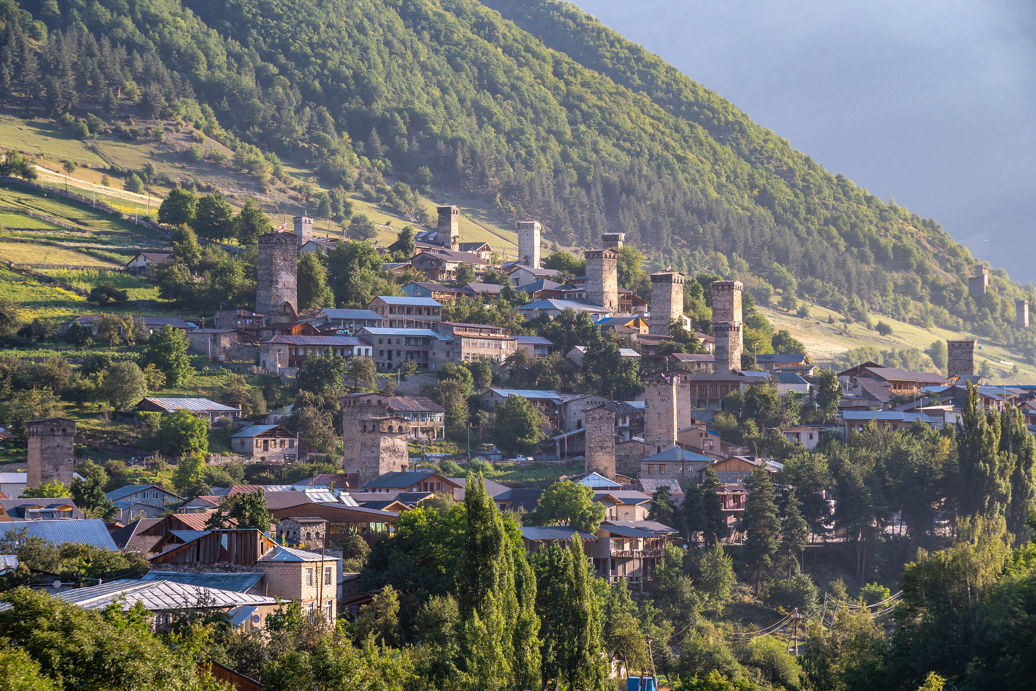 areal view of beautiful old village mestia. great place to trave