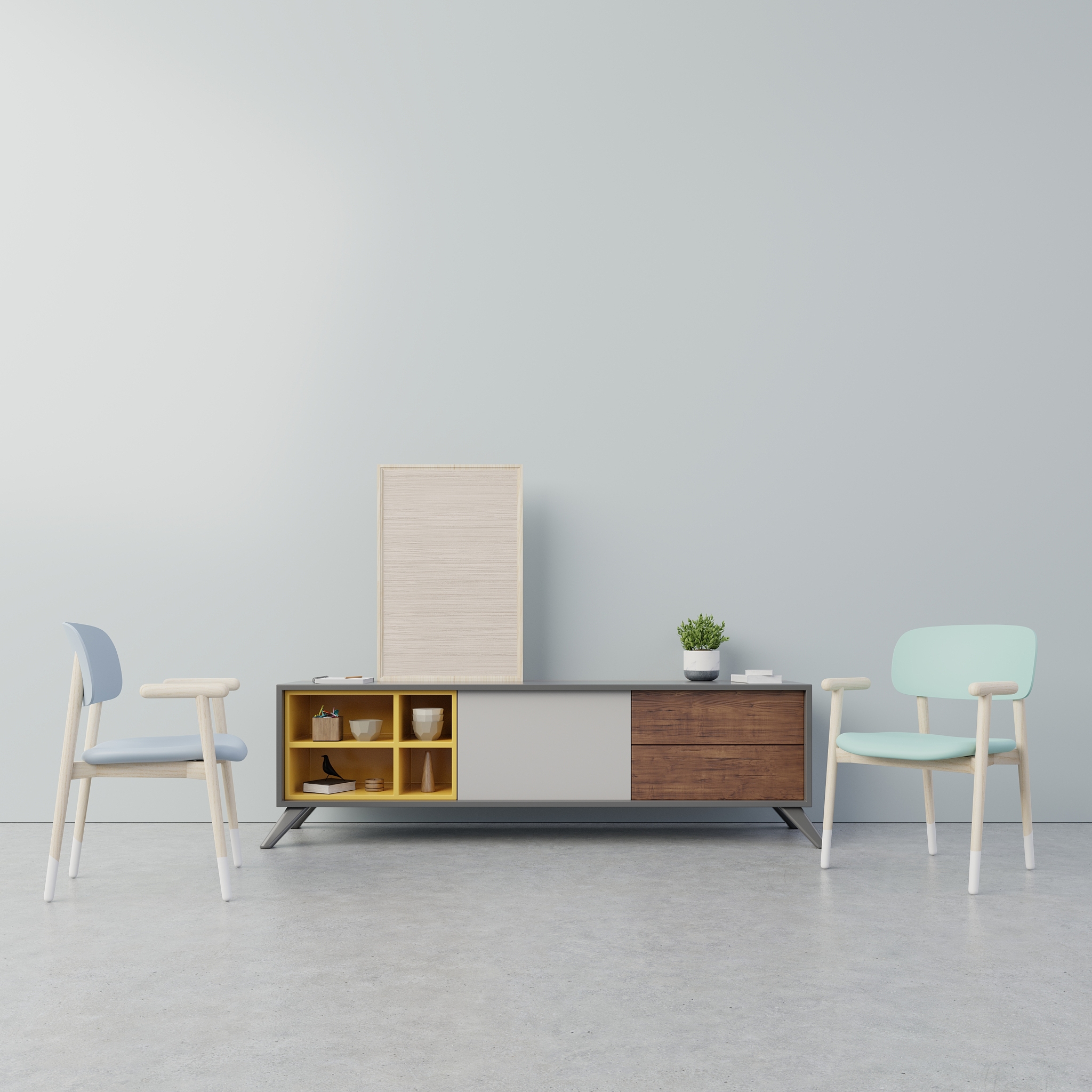 interior poster mock up with cabinet in living room , armchair a