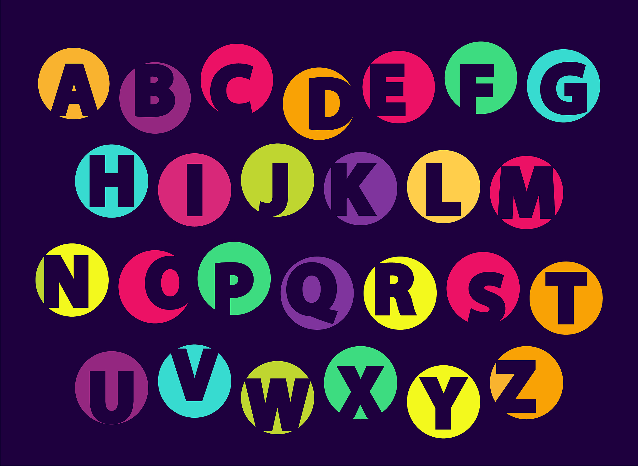 abc letters, color font sample isolated on black