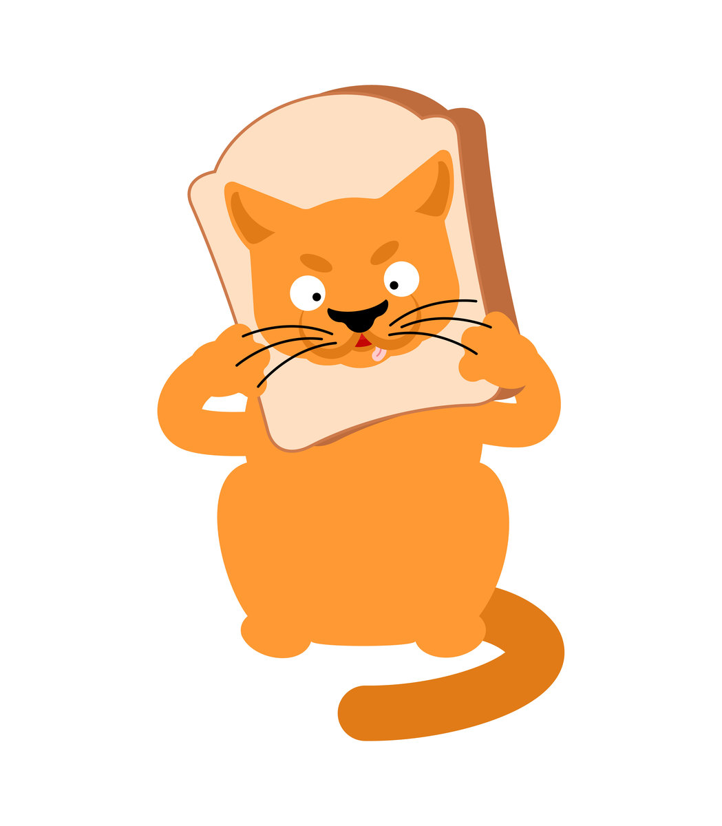 一只搞笑的姜黄色猫咪,头伸在一片白面包里.猫面包梗,