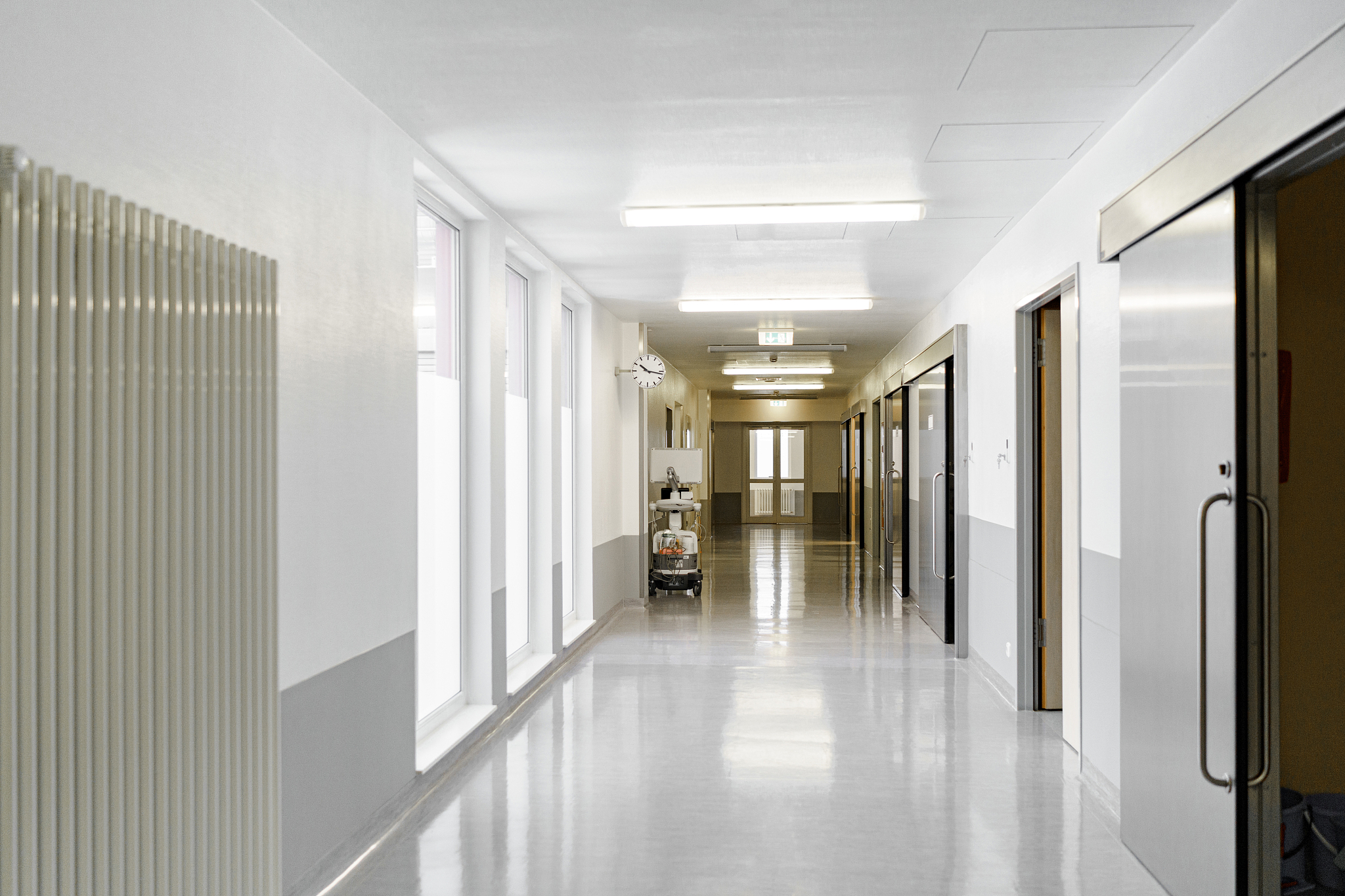 the corridor of the hospital. the premises of the laboratory.