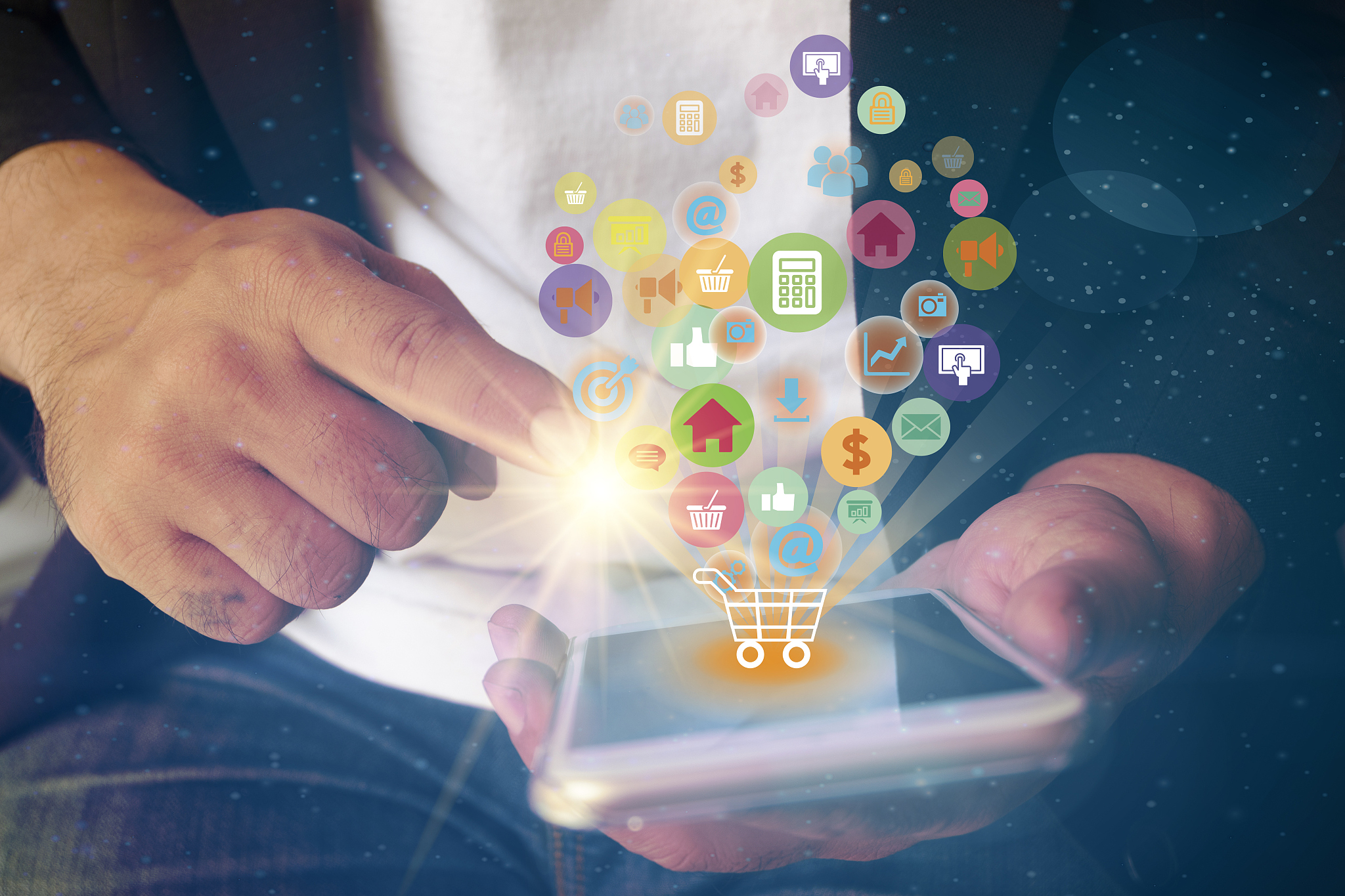 shopping cart with application software icons on mobile , busine