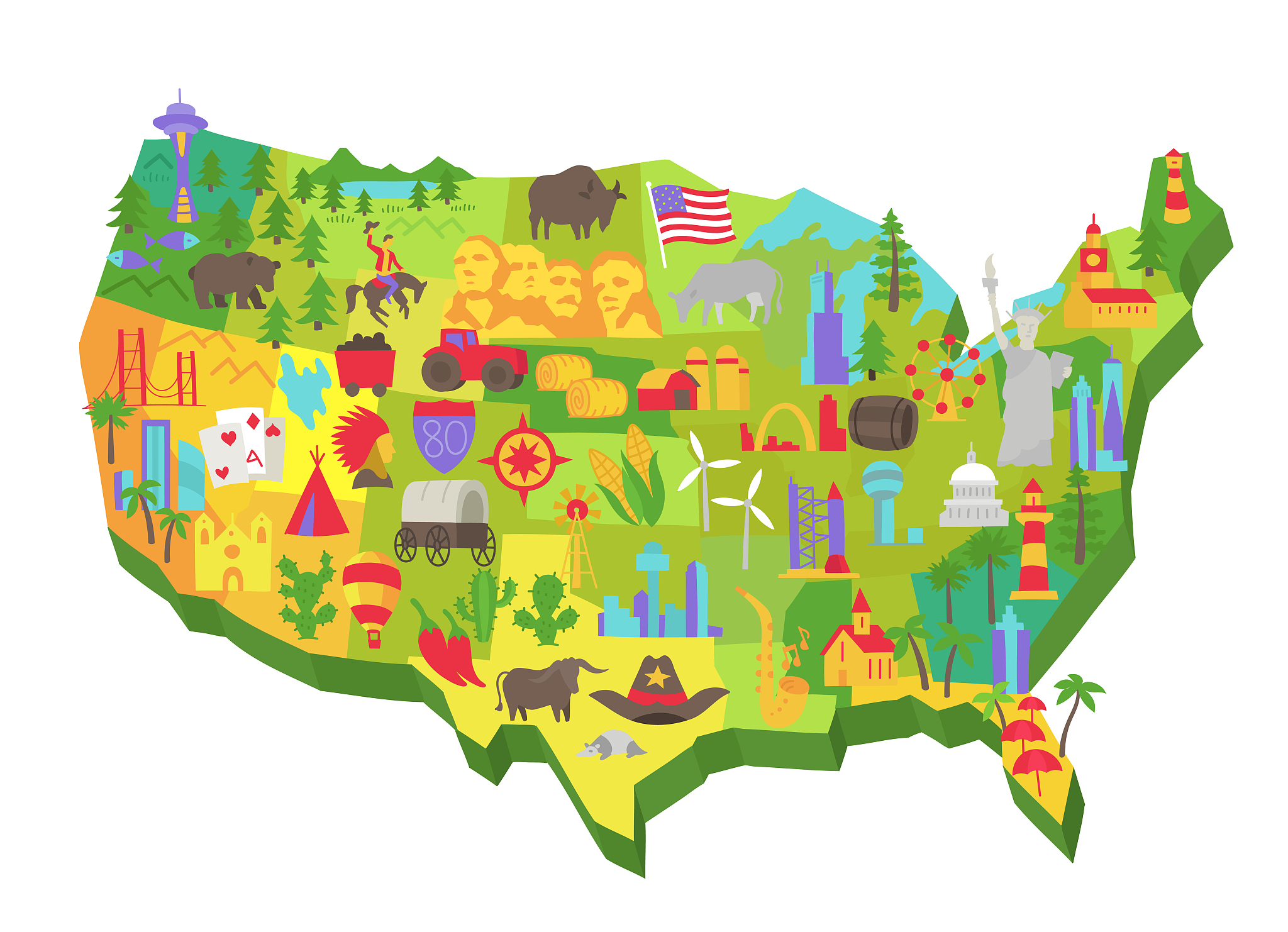 illustrated usa tourist attraction on the map. united states of 
