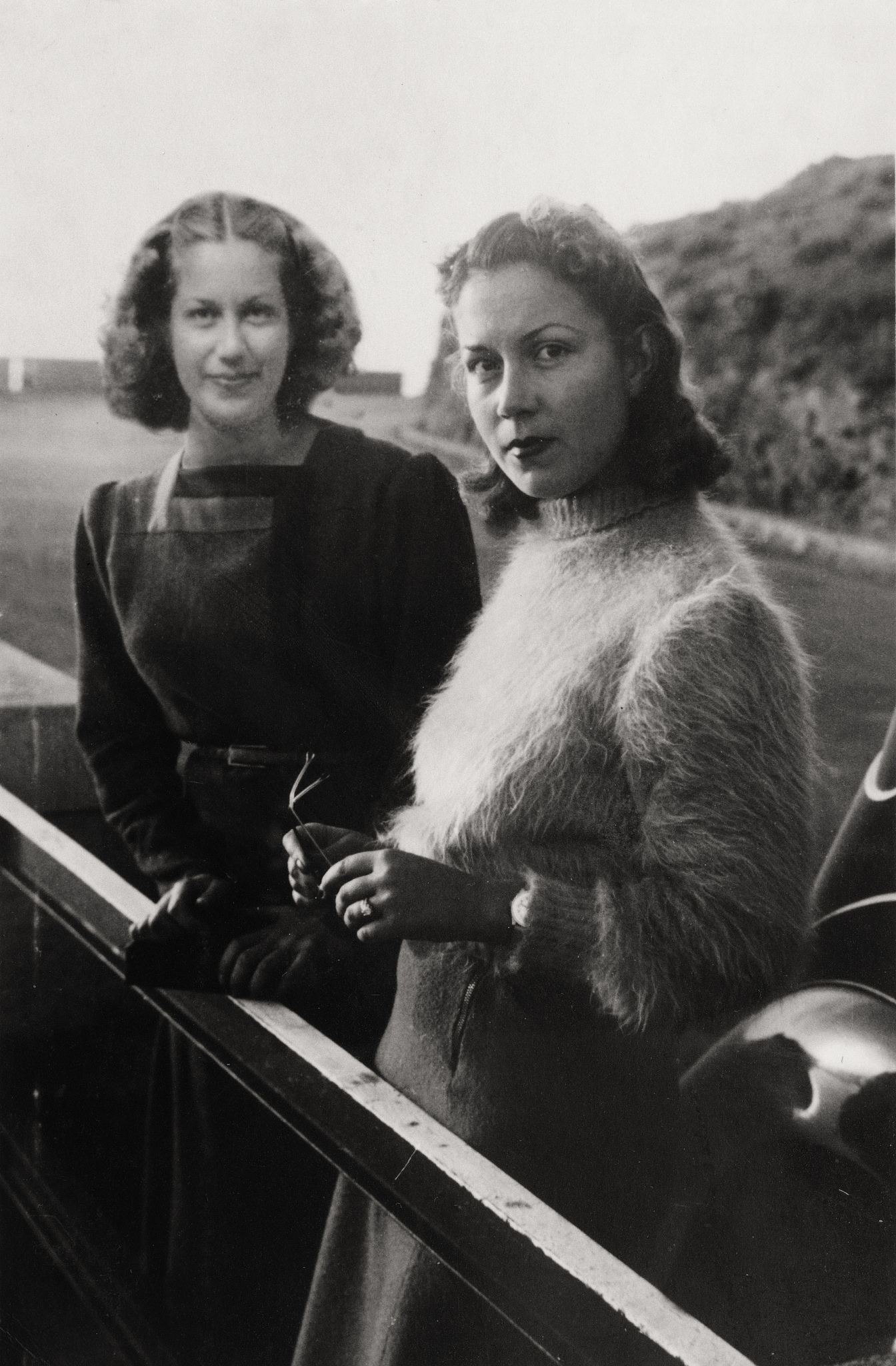 young twin sister on the road in 1938. black and white.