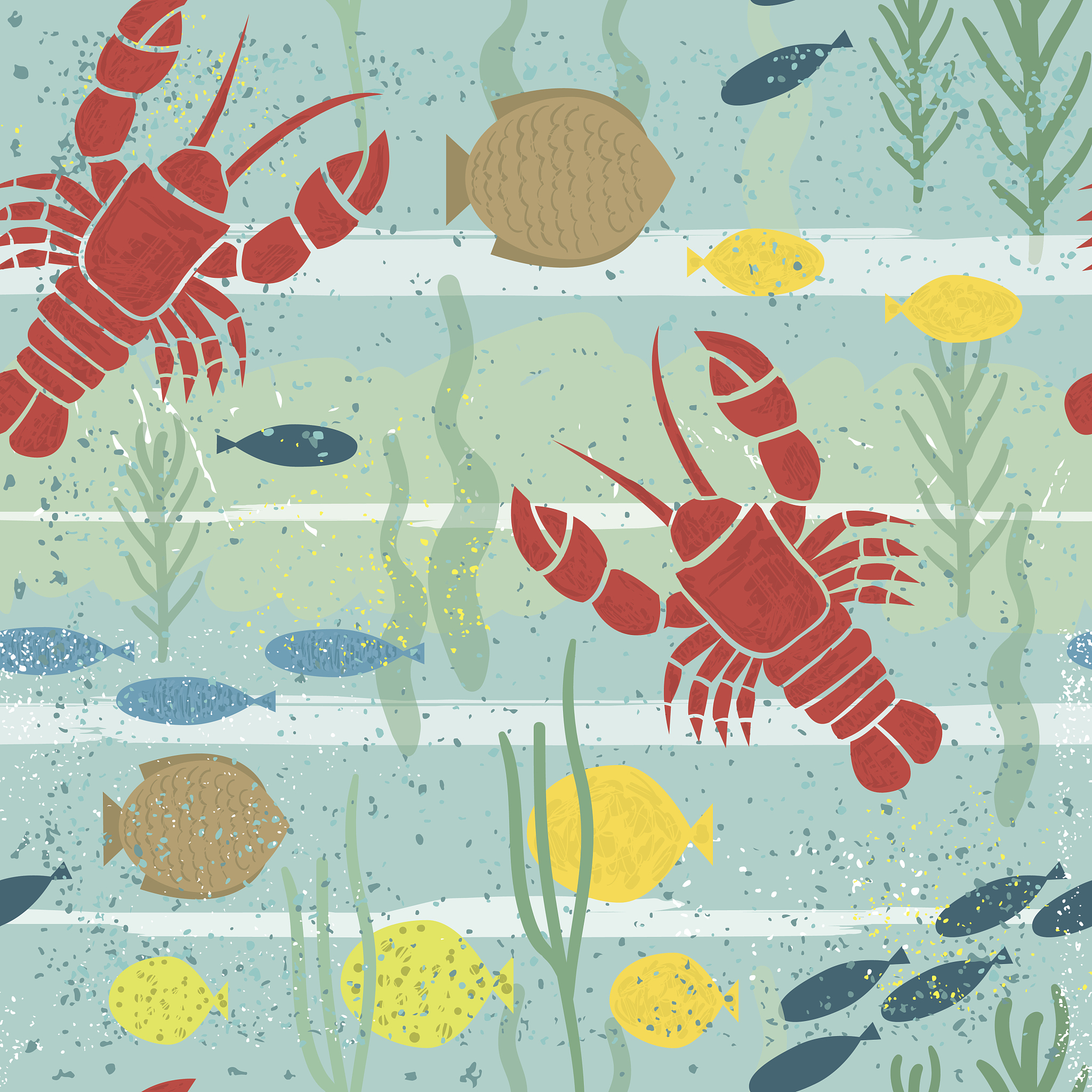 under sea seamless pattern. marine texture with lobster, fish, s