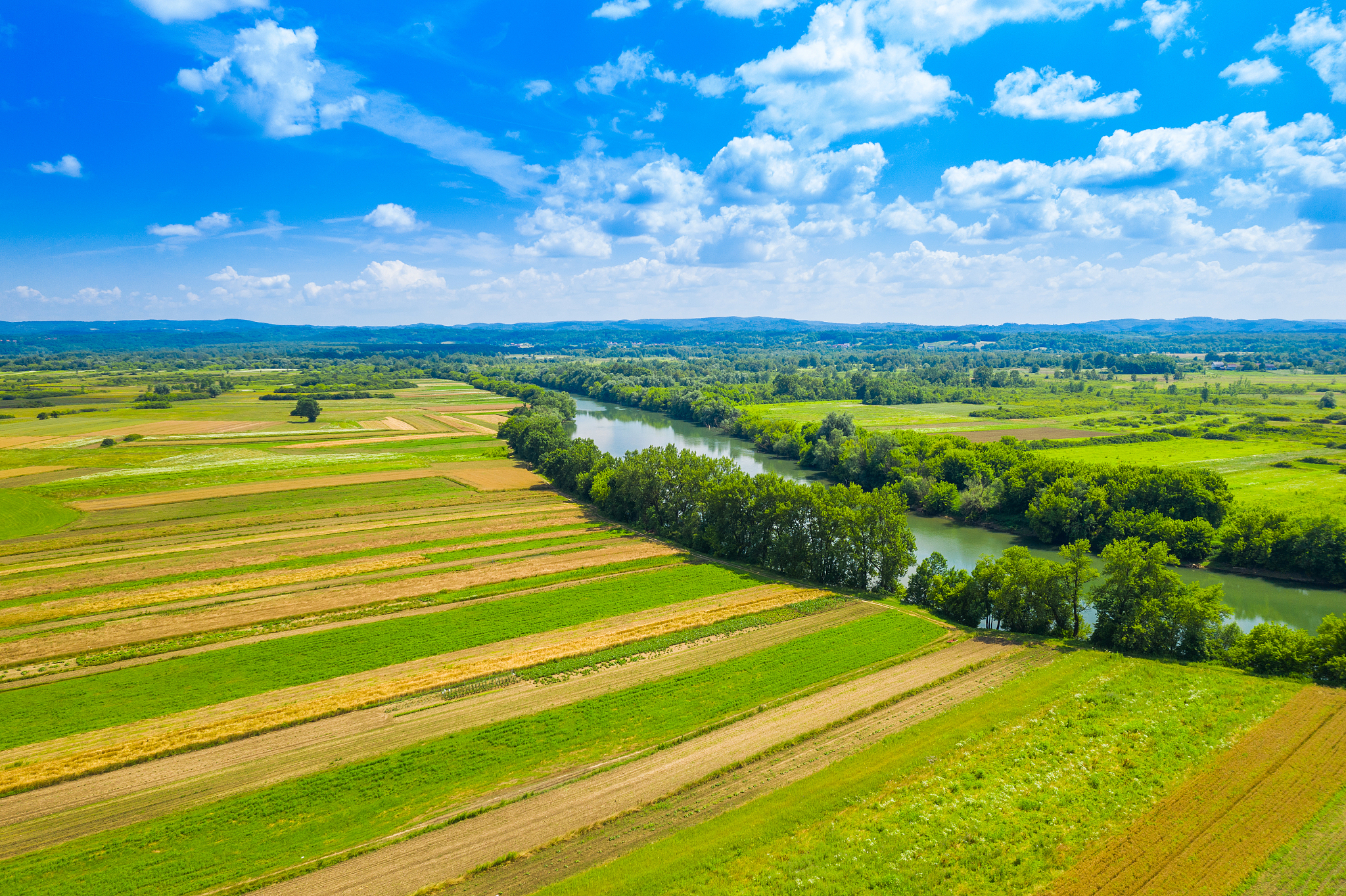 kupa river in croatia meandering between agriculture fields, sho