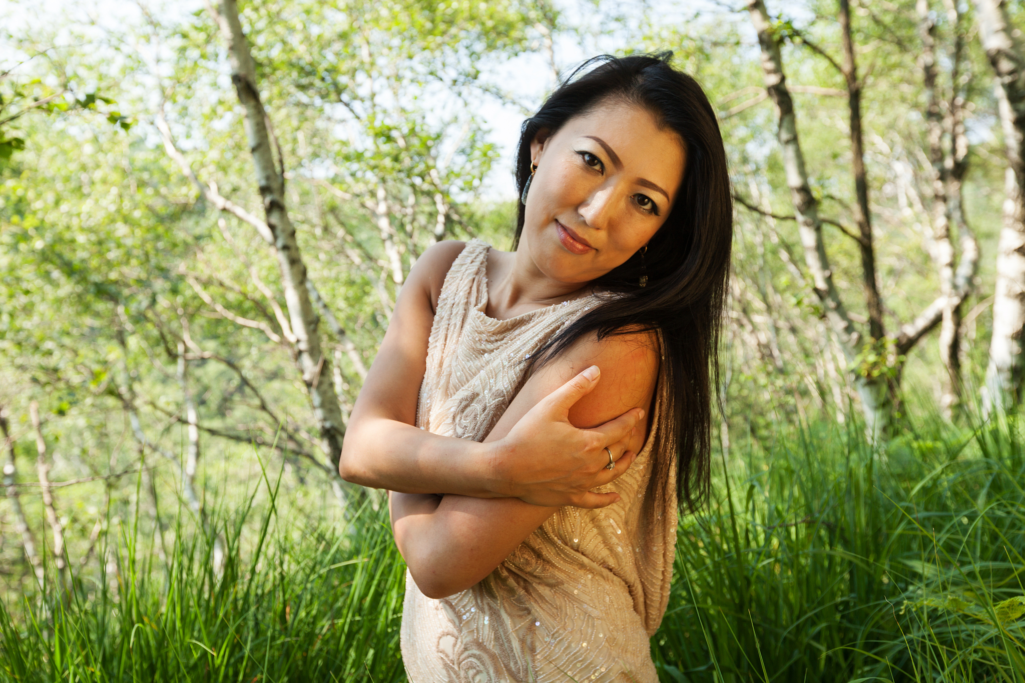 portrait of asian woman, walk in the forest
