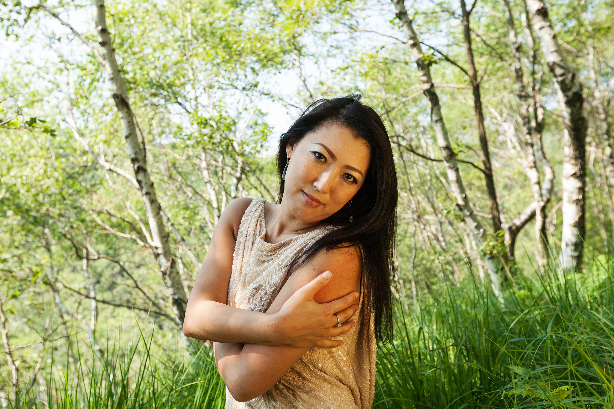 portrait of asian woman, walk in the forest