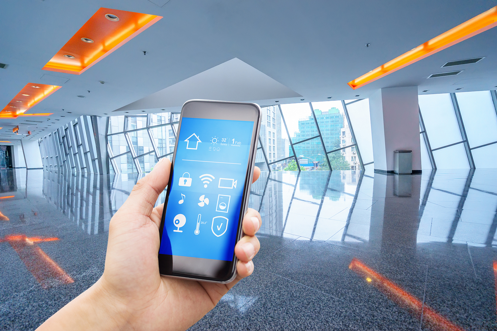 smart phone with smart home with modern corridor