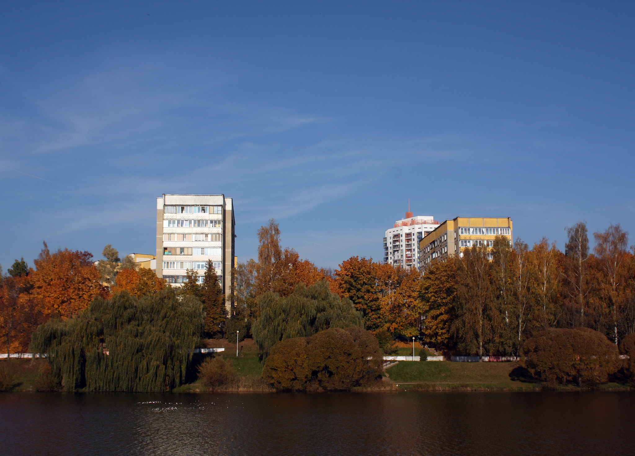 residential buildings on river bank.