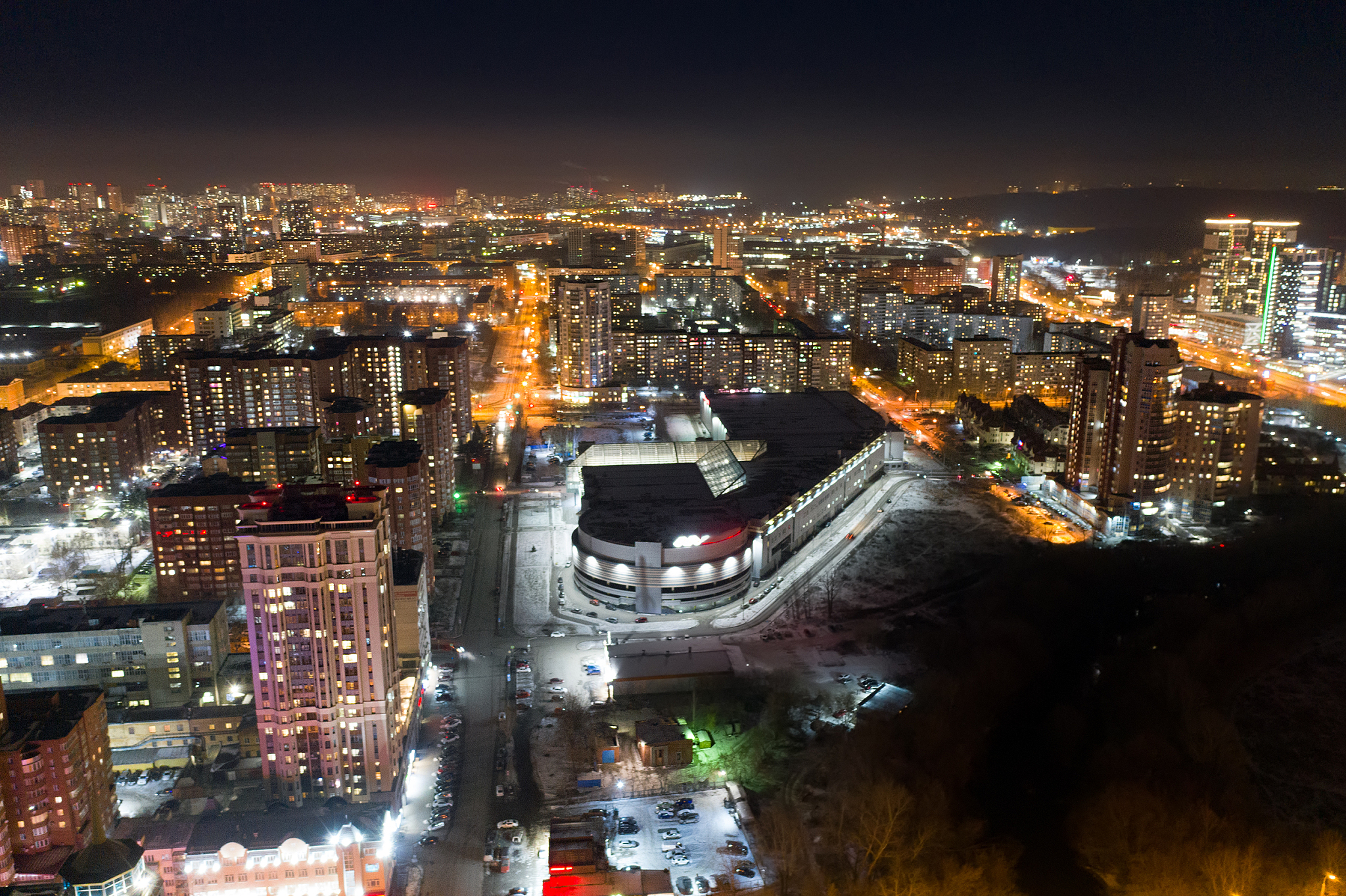 top view of the night modern city. bright lights of the night st