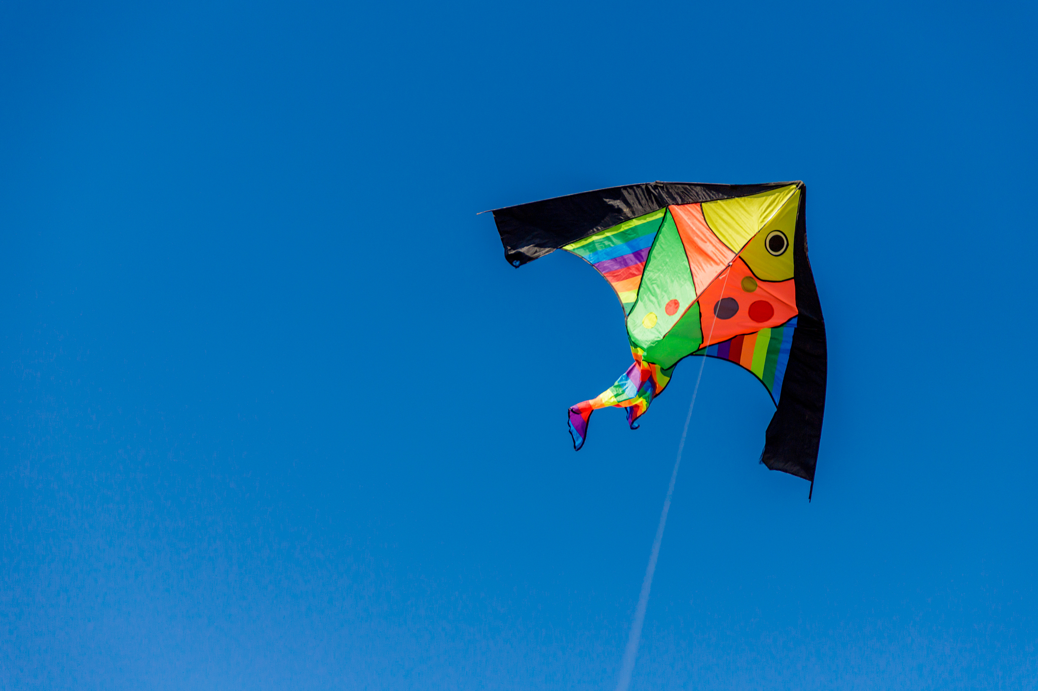 brightly colored kite in the wind on a blue sky without clouds.f
