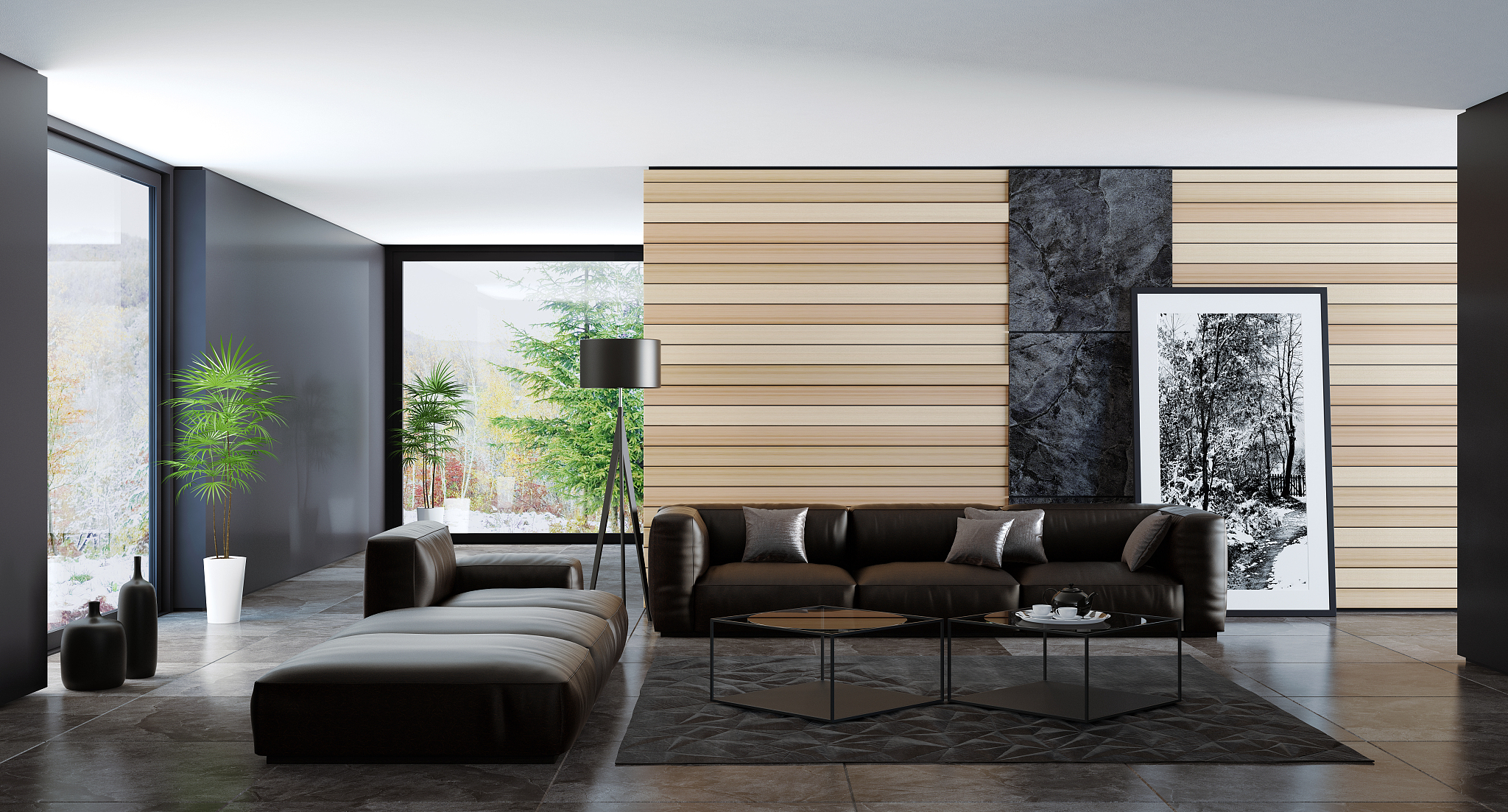 contemporary dark minimalist living room interior