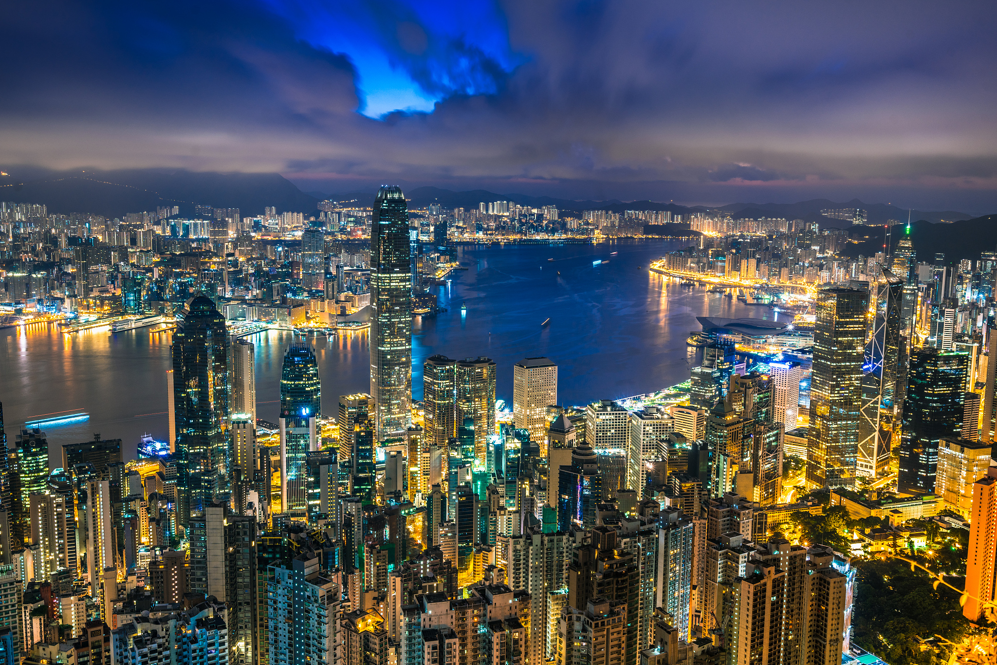 aerial view of hong kong at night