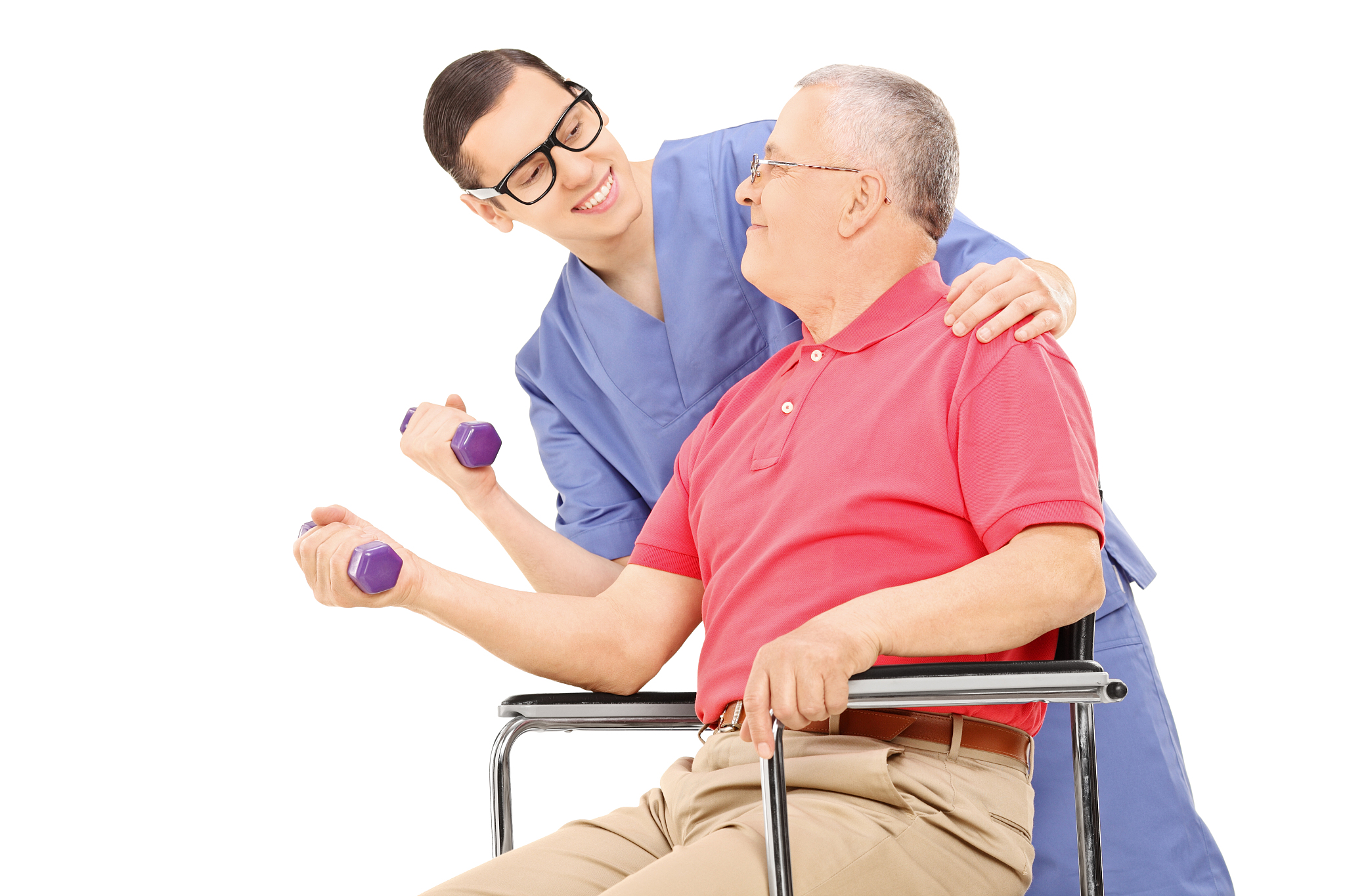 physiotherapist showing an exercise to a mature man