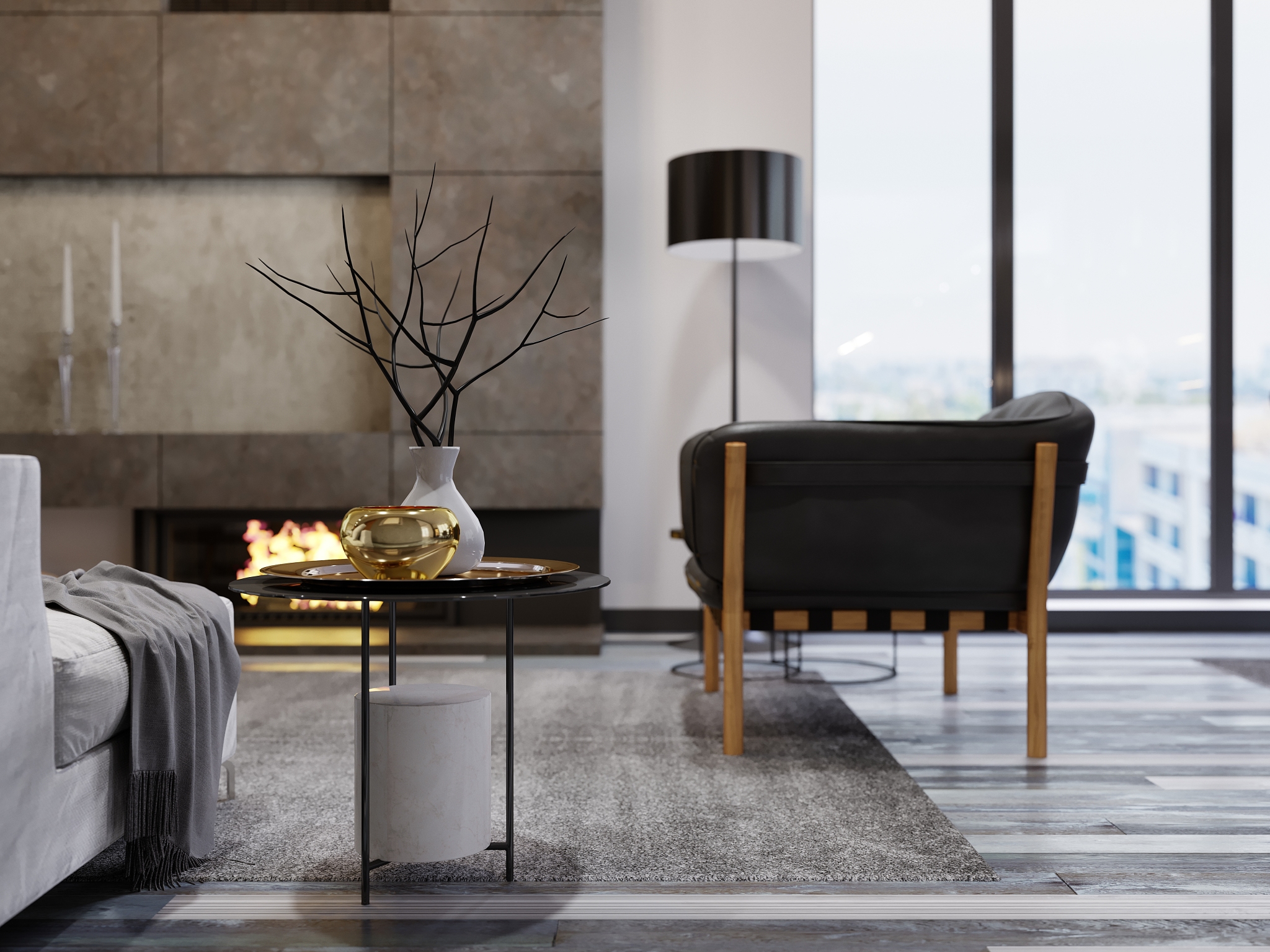 leather designer armchair with wooden legs near the fireplace. c