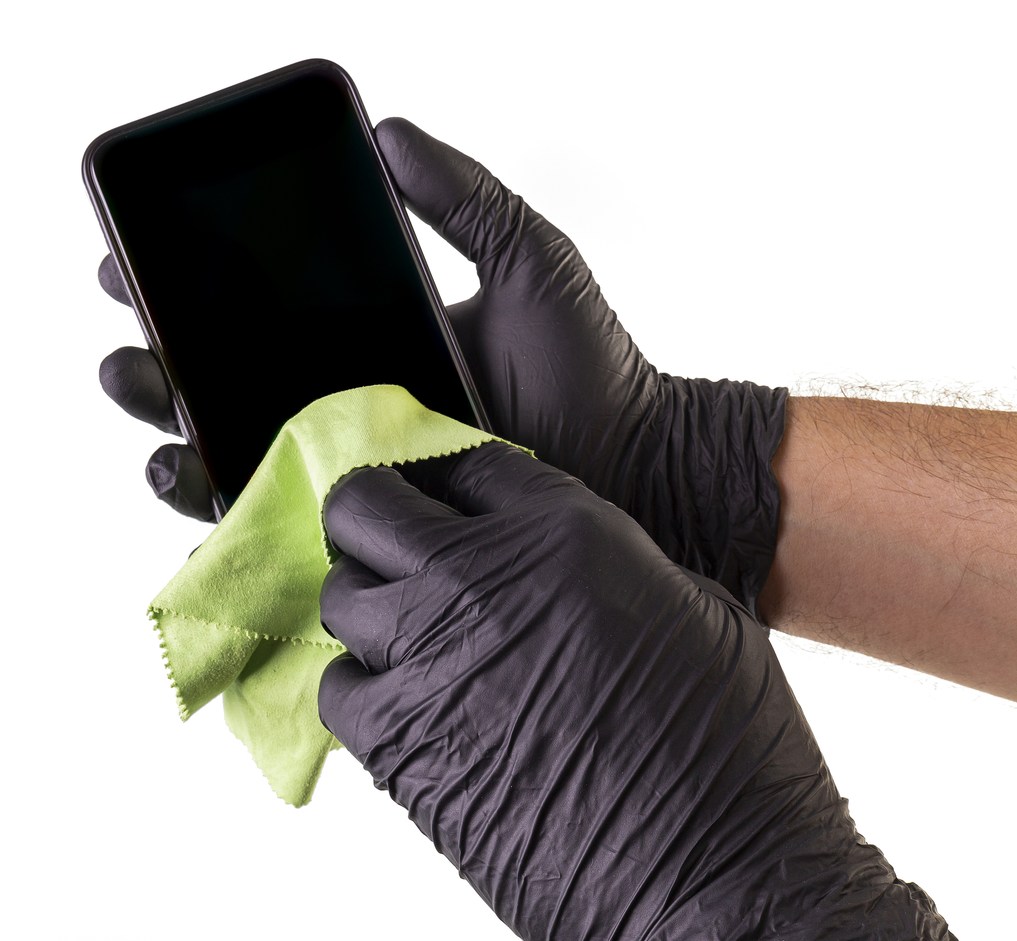 hand cleaning a smartphone with black gloves.