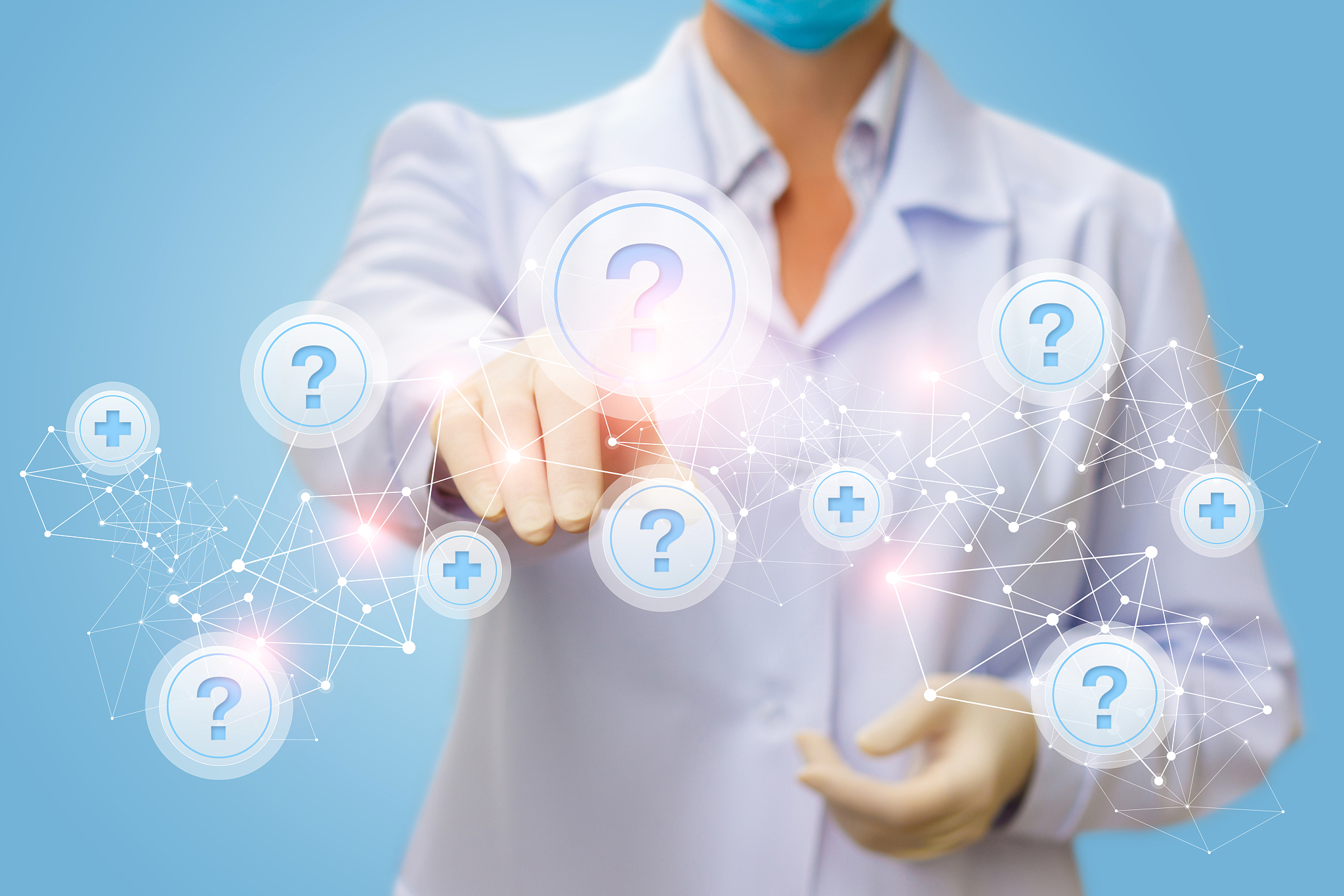 physician clicks on the button with the question on the network 