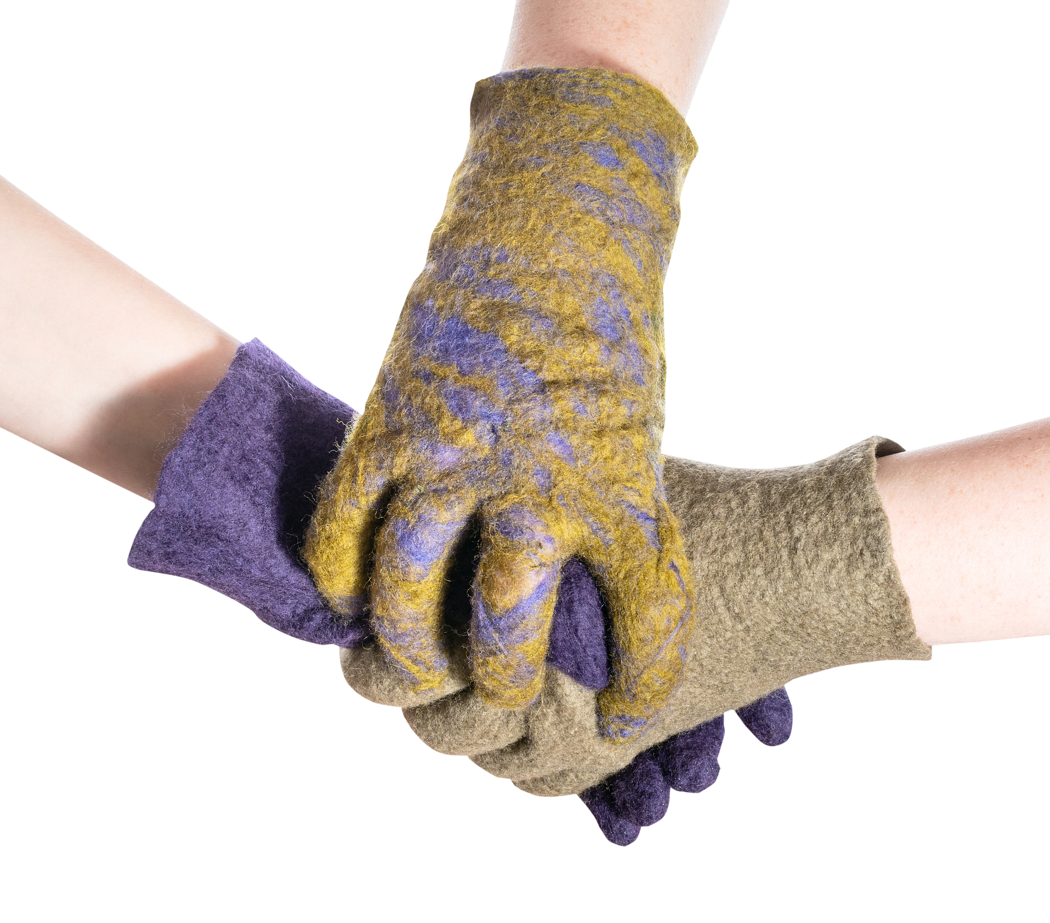 hand covers handshake of hands in colored gloves