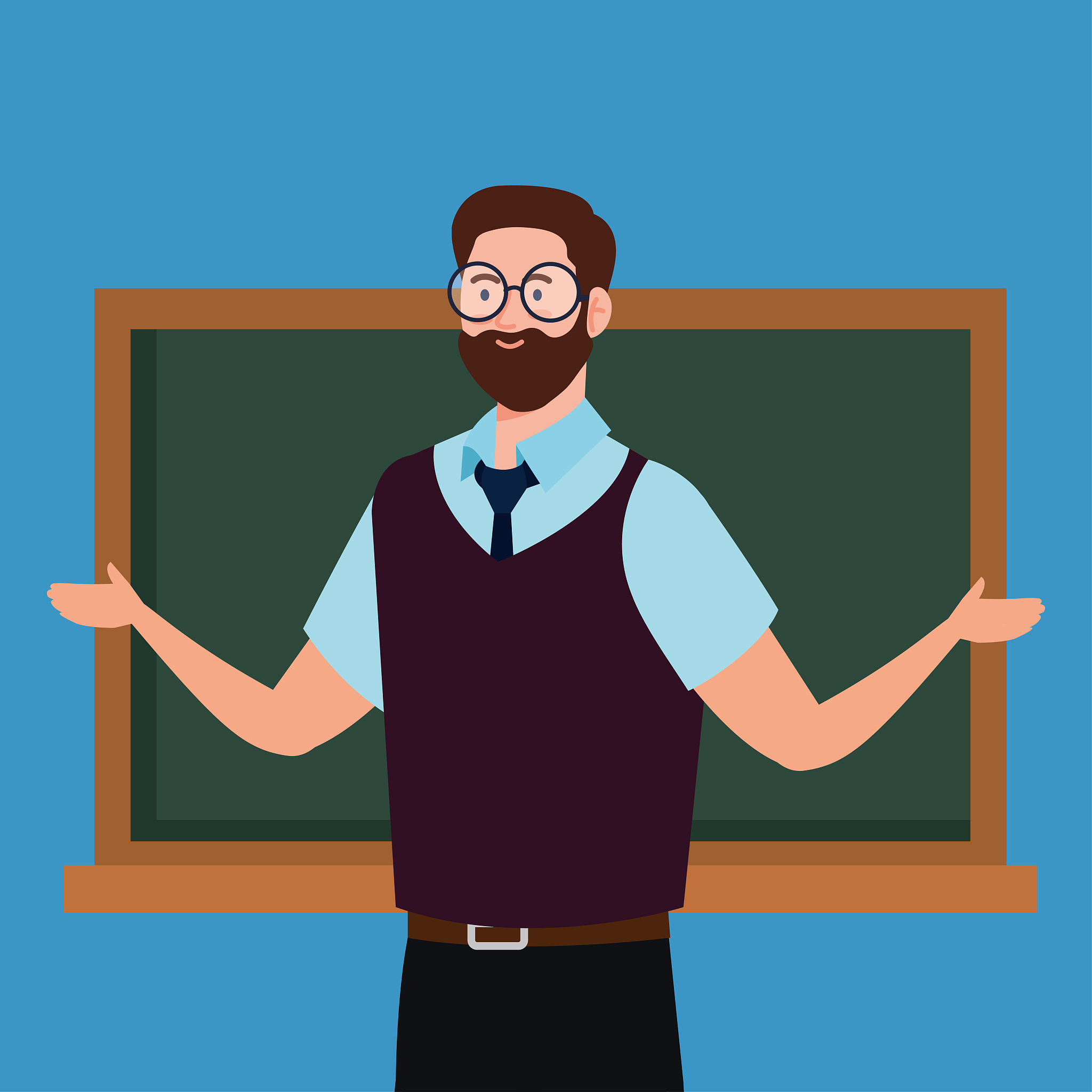 man teacher with chalkboard on blue background