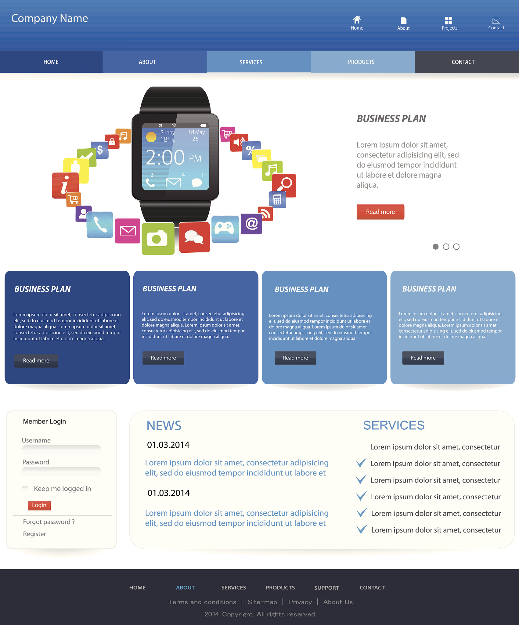 手机端网站模板 - 导航、幻灯片、图片列表、服务项目、新闻、公司简介、管理团队、联系方式