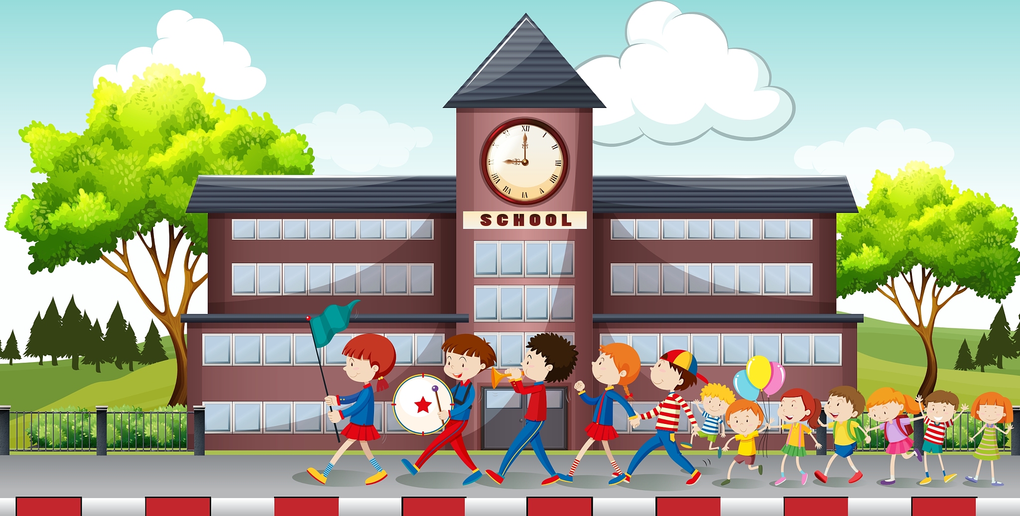 children marching in front of school