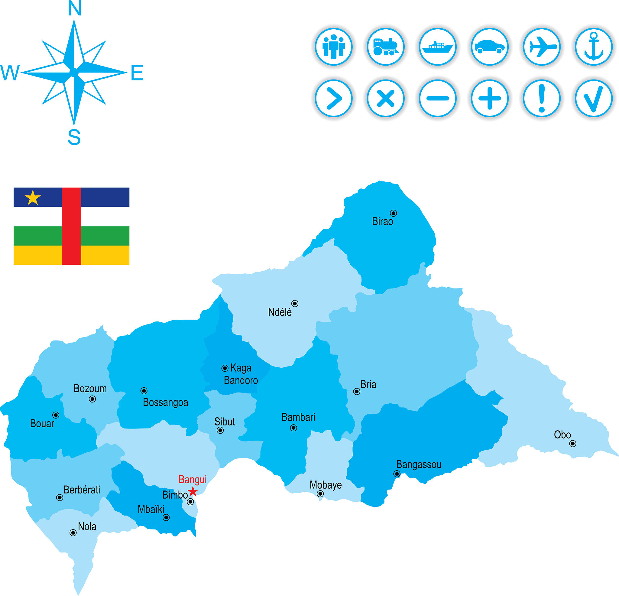 map of central african republic with flag, icons and key