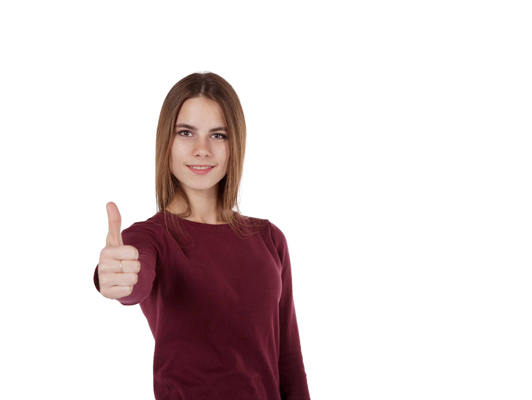 girl in red sweater shows sign good