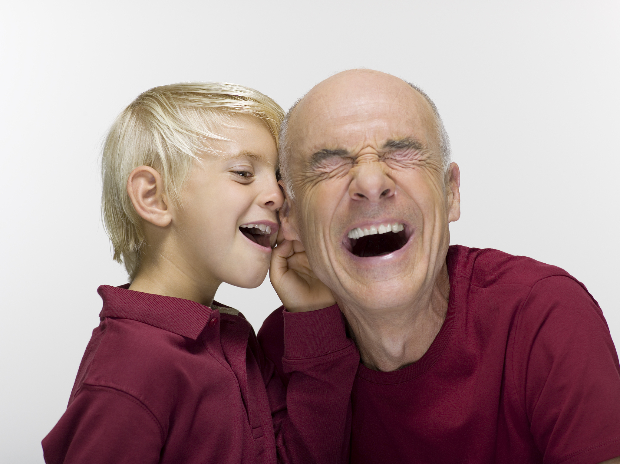 grandson and grandfather, laughing, portrait, close-up