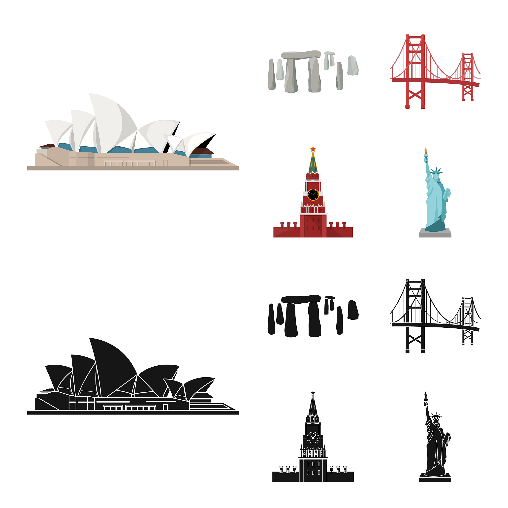 sights of different countries cartoonblack icons