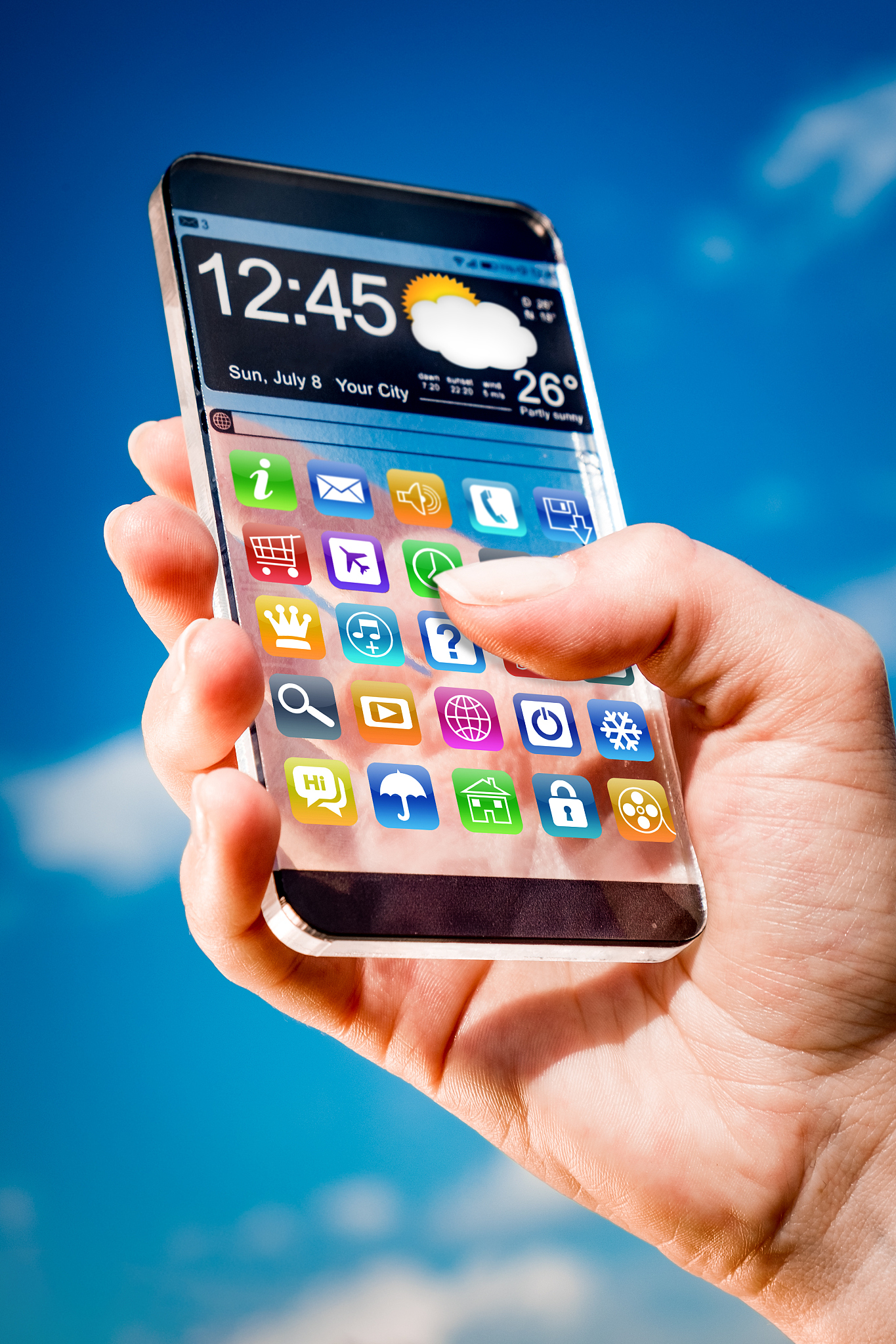 smartphone with transparent screen in human hands.