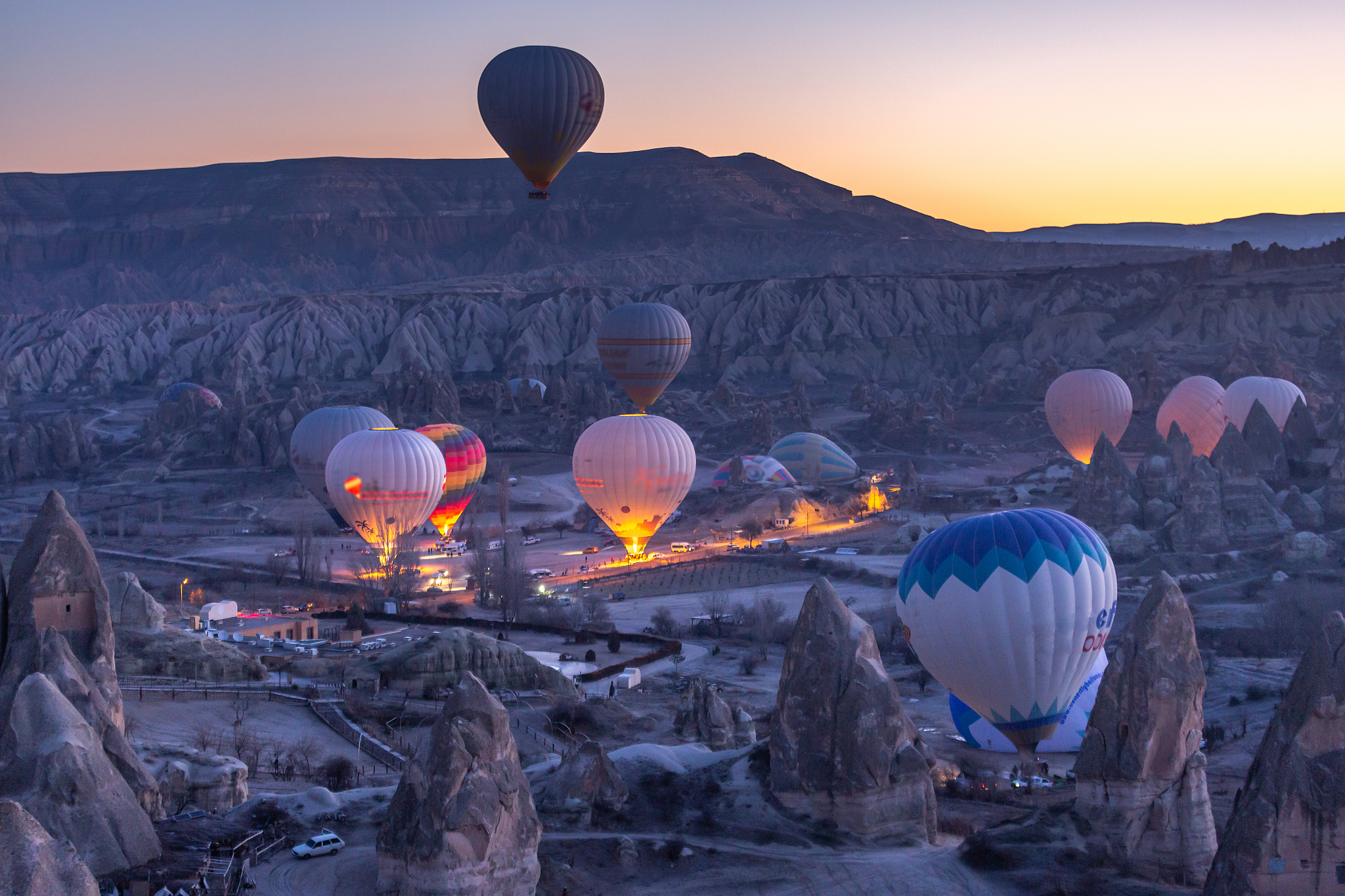 hot air balloons ready to fly at sunrsie,cappadocia