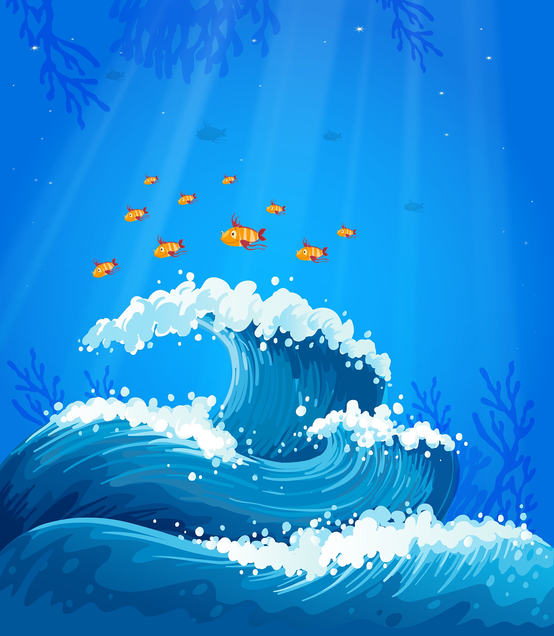 a wave and fishes under the sea