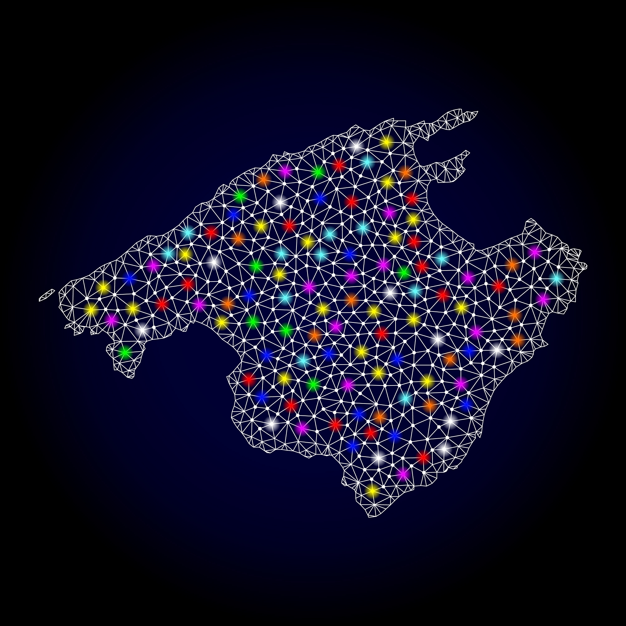 mesh polygonal map of majorca with colorful light